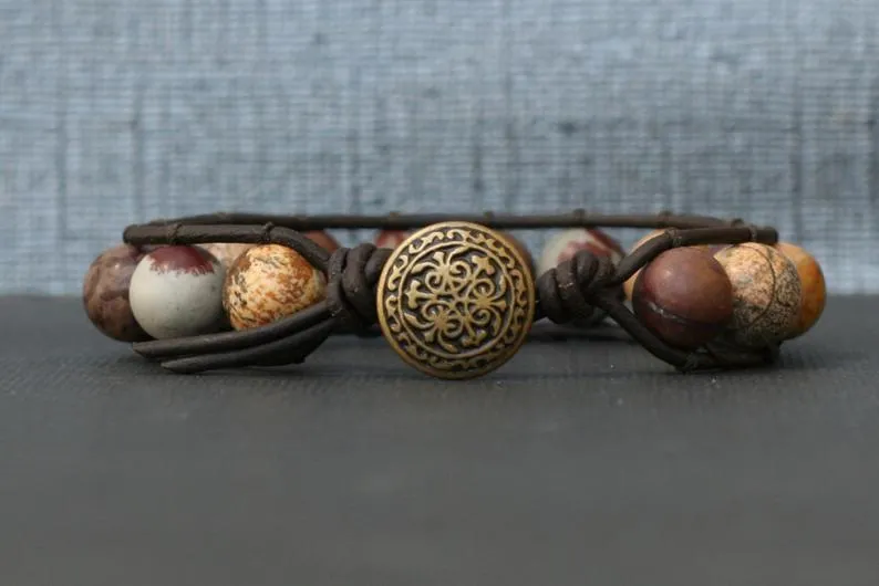 Natural Mix Jasper Bracelet on Brown/Black Leather