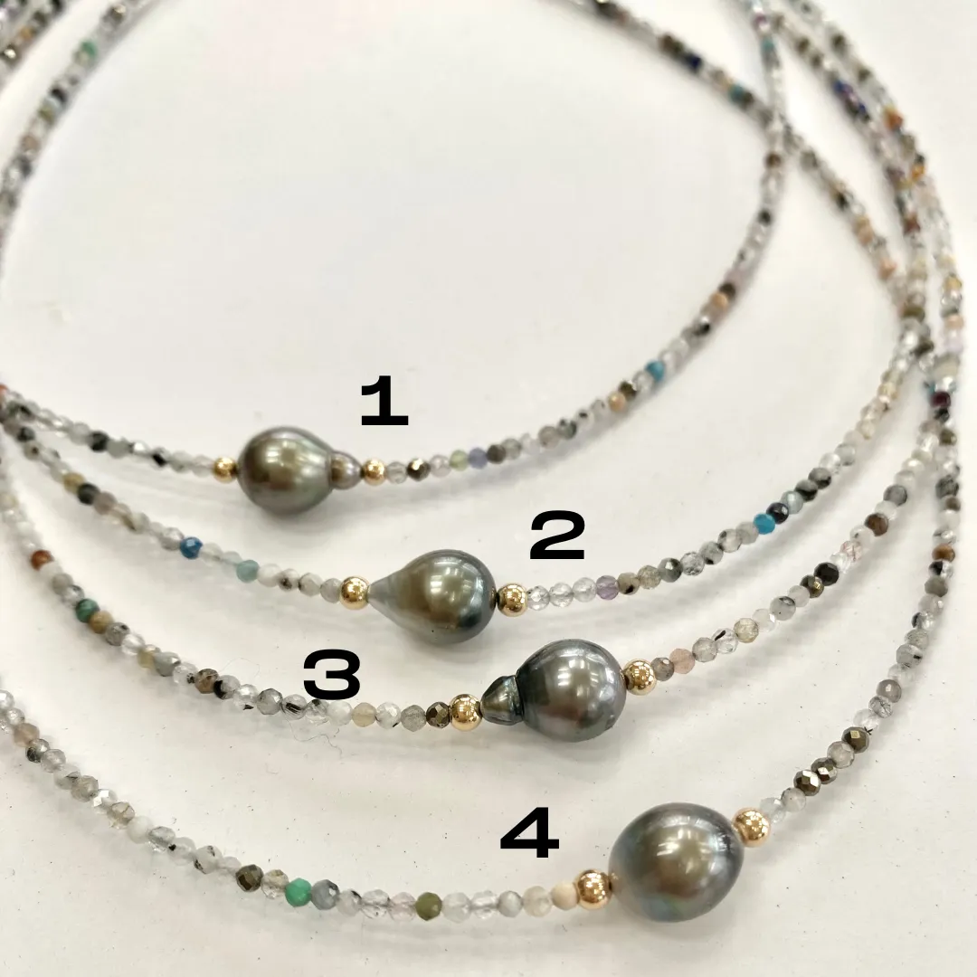 Natural Mix Stones Gemstone Multi Color Beaded Necklace with Tahitian Pearl, Gold Filled Details, 16.5in