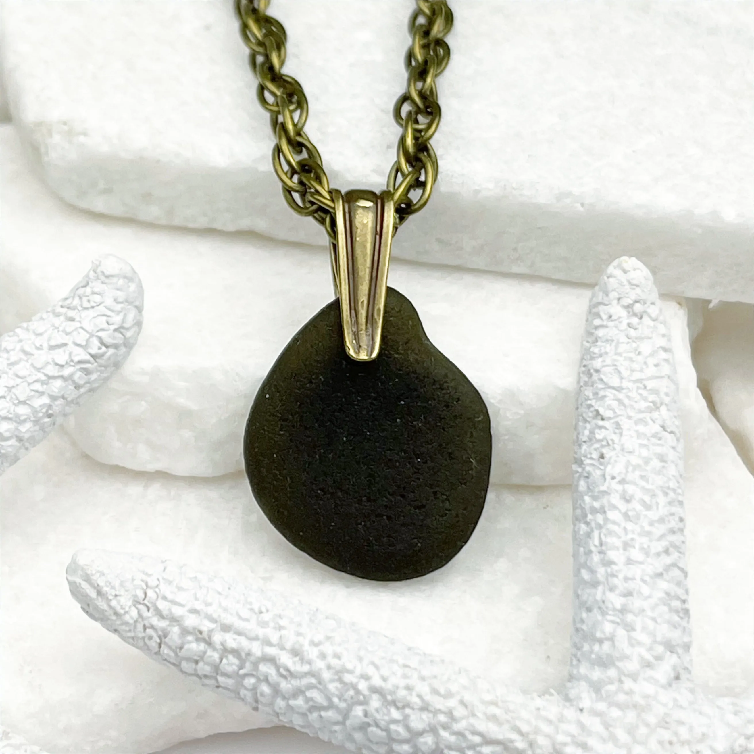 Olive Black Sea Glass Pendant with Bronze Decorative Bail | #5048