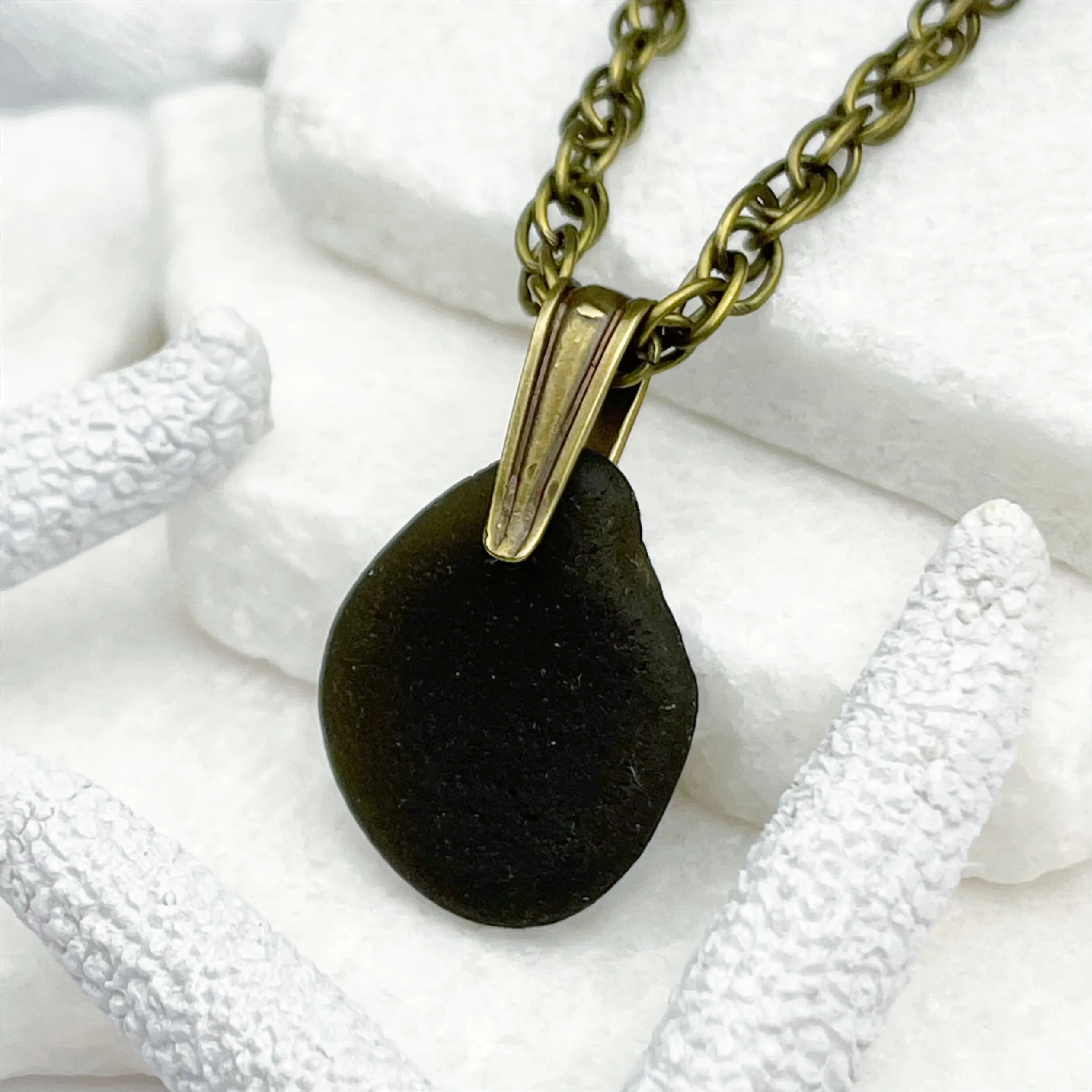 Olive Black Sea Glass Pendant with Bronze Decorative Bail | #5048