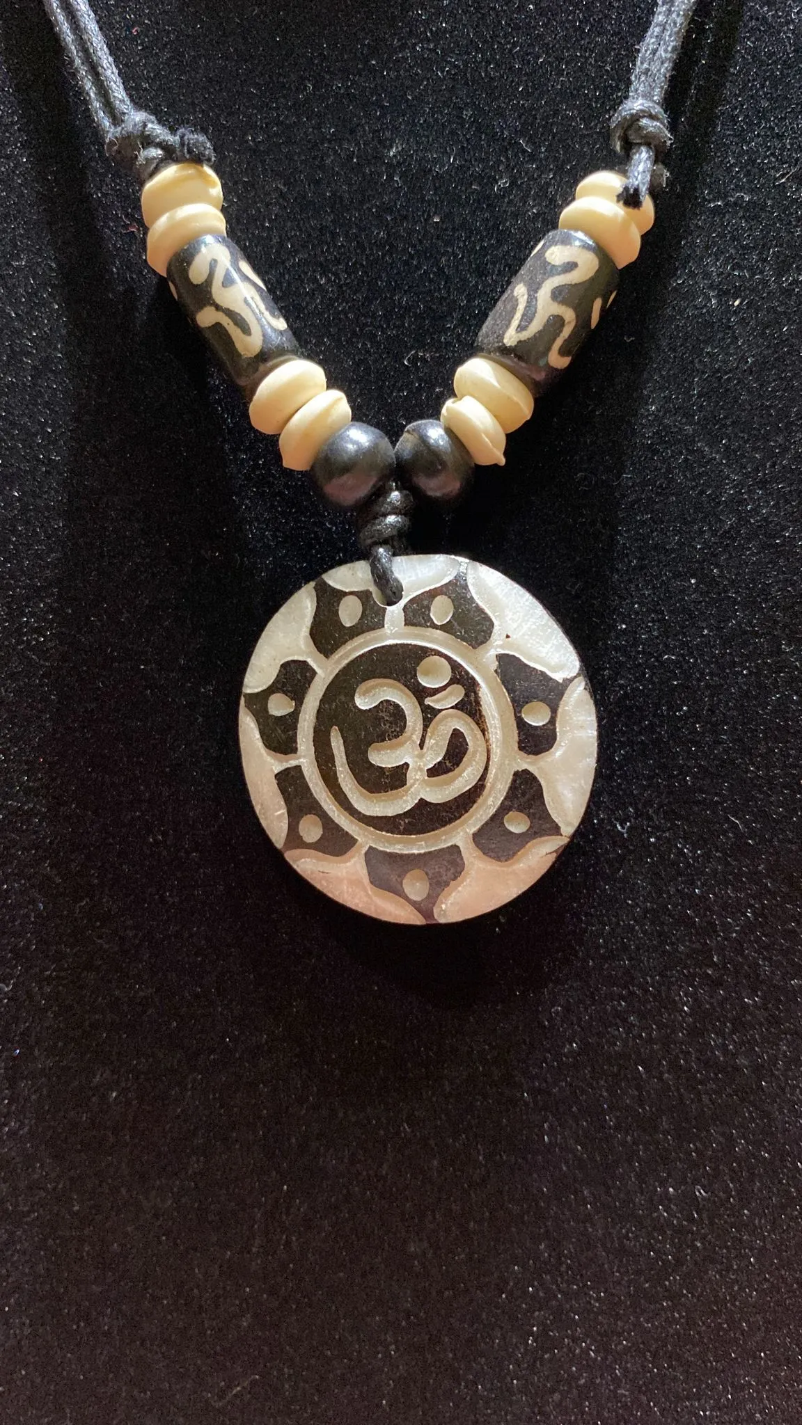 Om Lotus Flower Adjustable Length Water Buffalo Bone Necklace