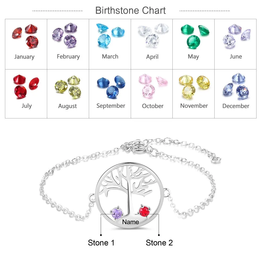 Personalized Tree of Life Engraved Bracelet with 2 Birthstones Customize Name Chain Bracelets for Women Accessories Jewelry Gift