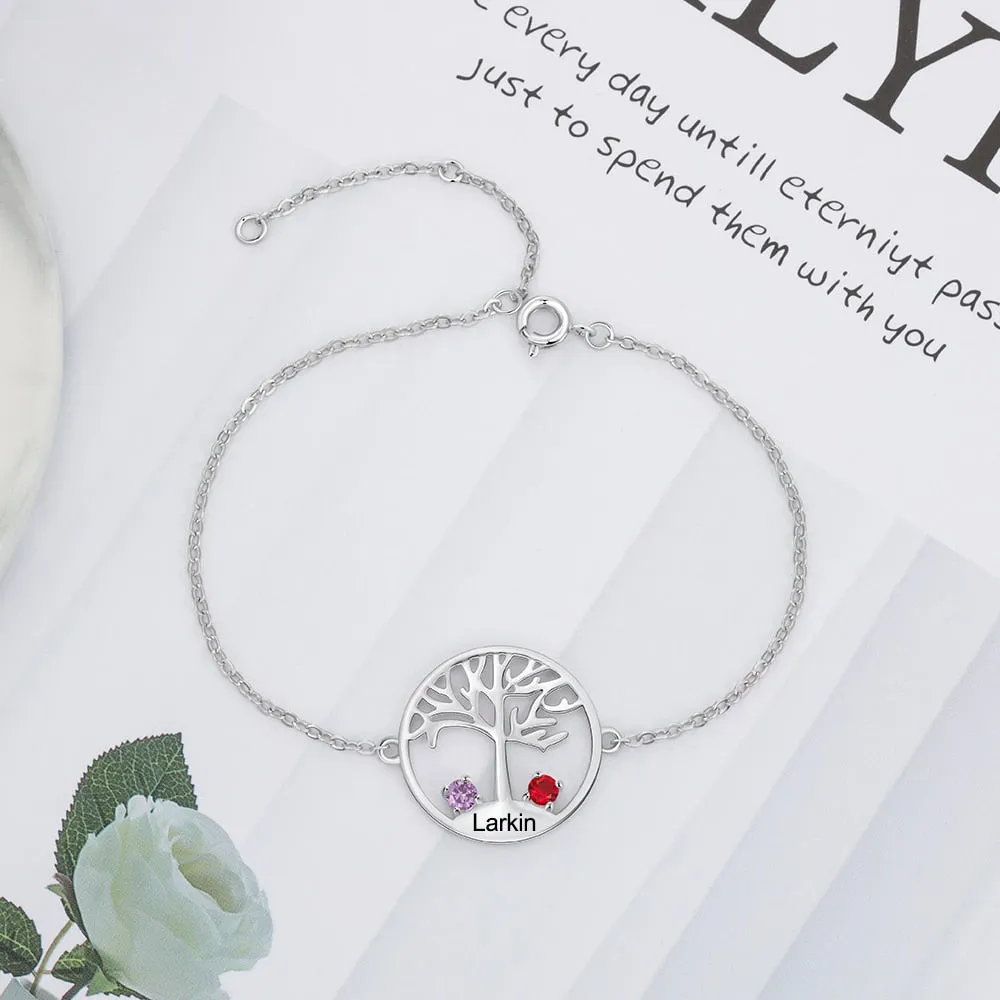 Personalized Tree of Life Engraved Bracelet with 2 Birthstones Customize Name Chain Bracelets for Women Accessories Jewelry Gift