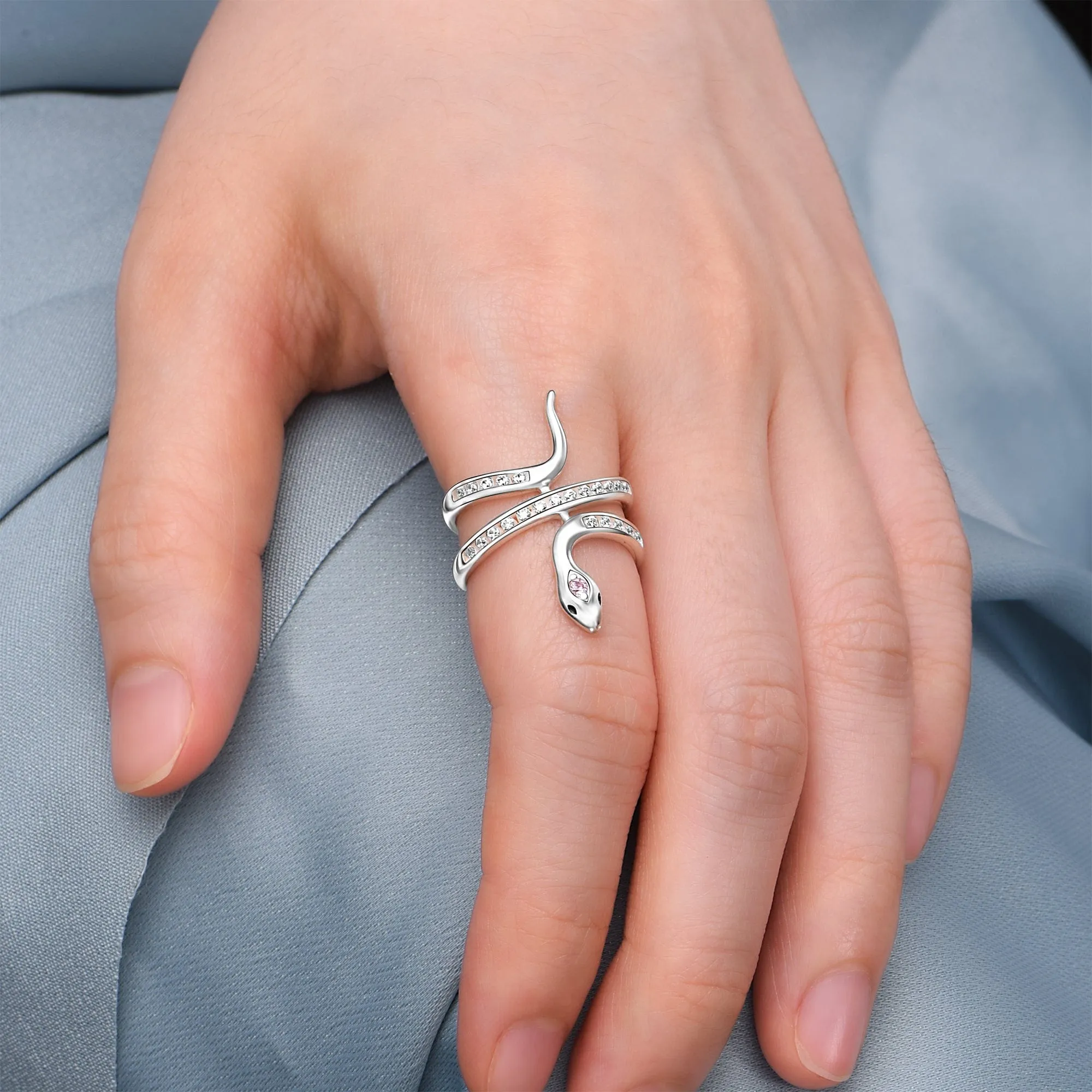 Pink CZ Coiling Snake Ring Silver Adjustable