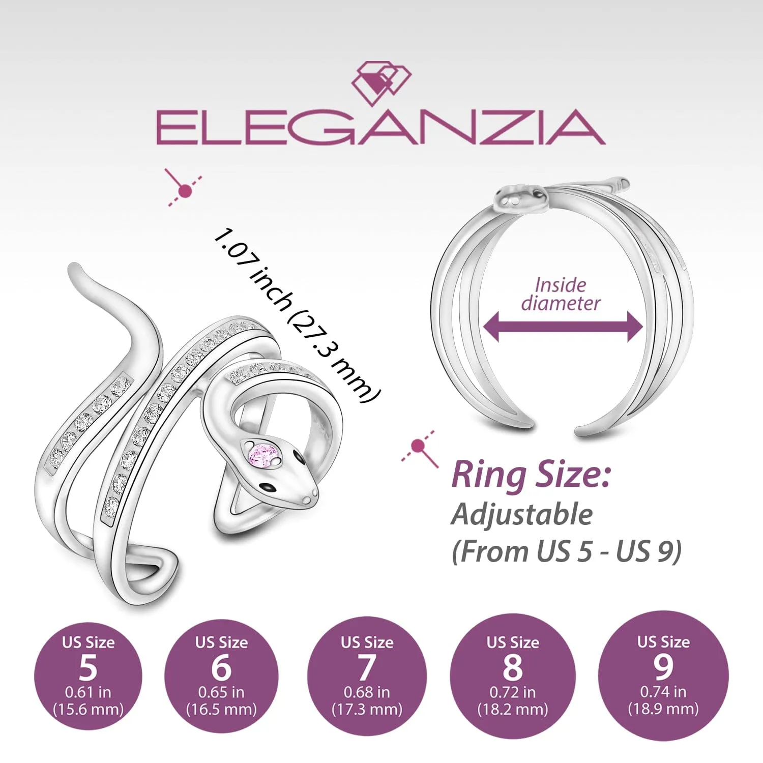 Pink CZ Coiling Snake Ring Silver Adjustable