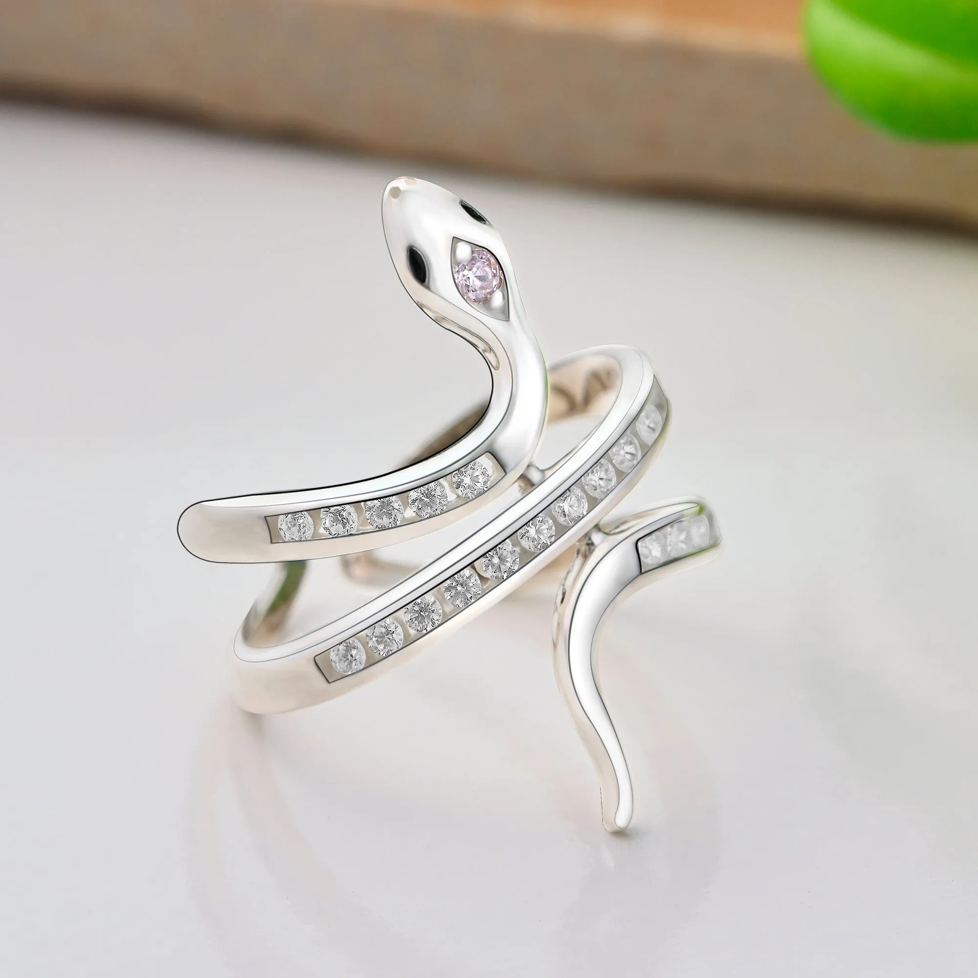 Pink CZ Coiling Snake Ring Silver Adjustable