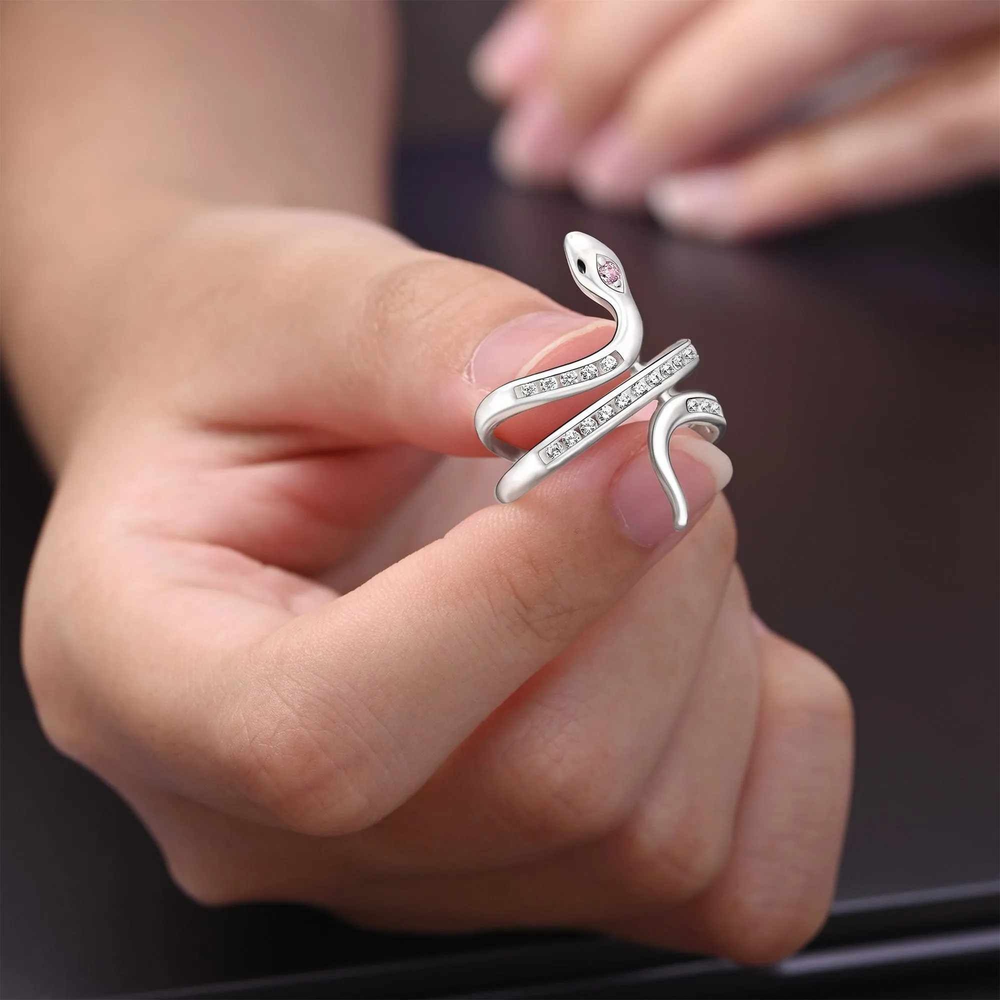 Pink CZ Coiling Snake Ring Silver Adjustable