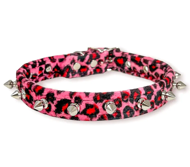 Pink fuzzy Leopard Fabric Collar w/ Silver Spikes