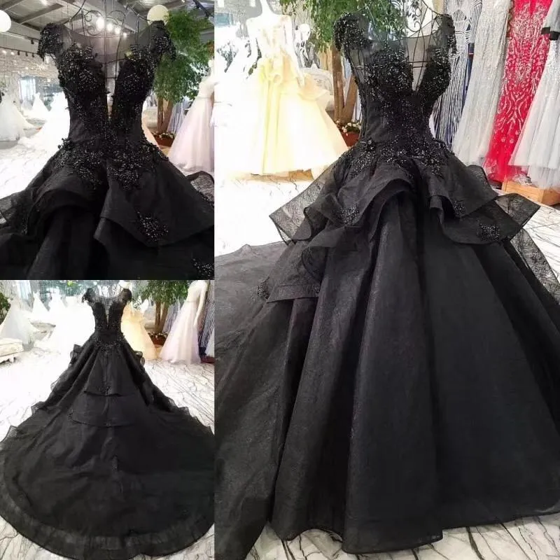 Princess Black Ball Gown Beaded Prom Dresses Tulle Long Quinceanera Dresses