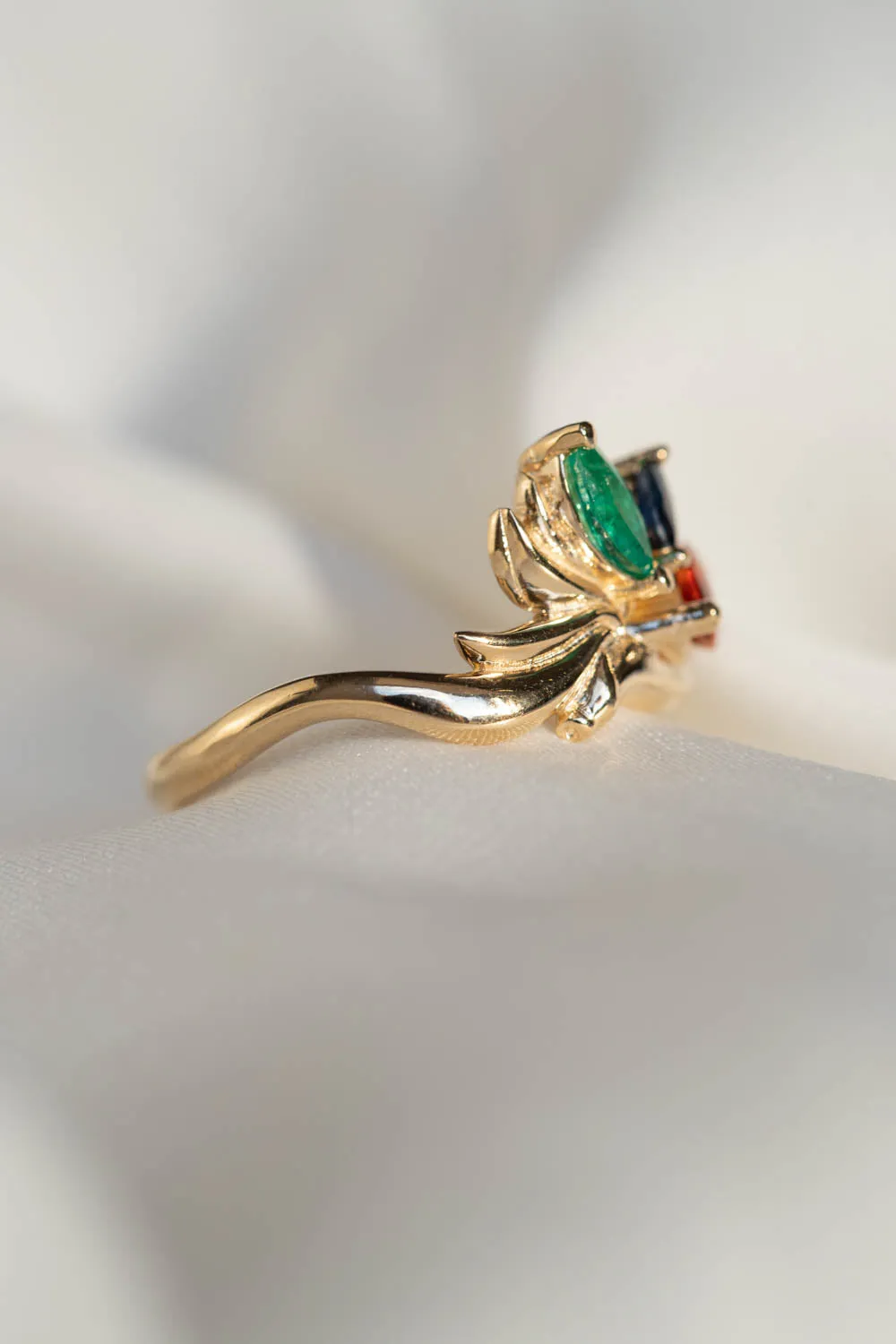 READY TO SHIP: Strelitzia ring in 14K yellow gold, natural emerald, natural orange and blue sapphires, RING SIZE - 7 US