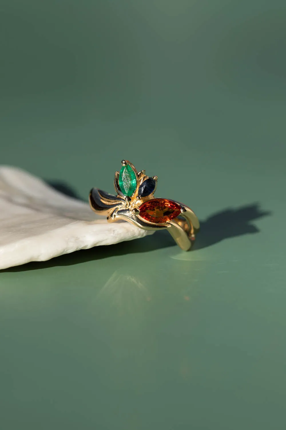 READY TO SHIP: Strelitzia ring in 14K yellow gold, natural emerald, natural orange and blue sapphires, RING SIZE - 7 US