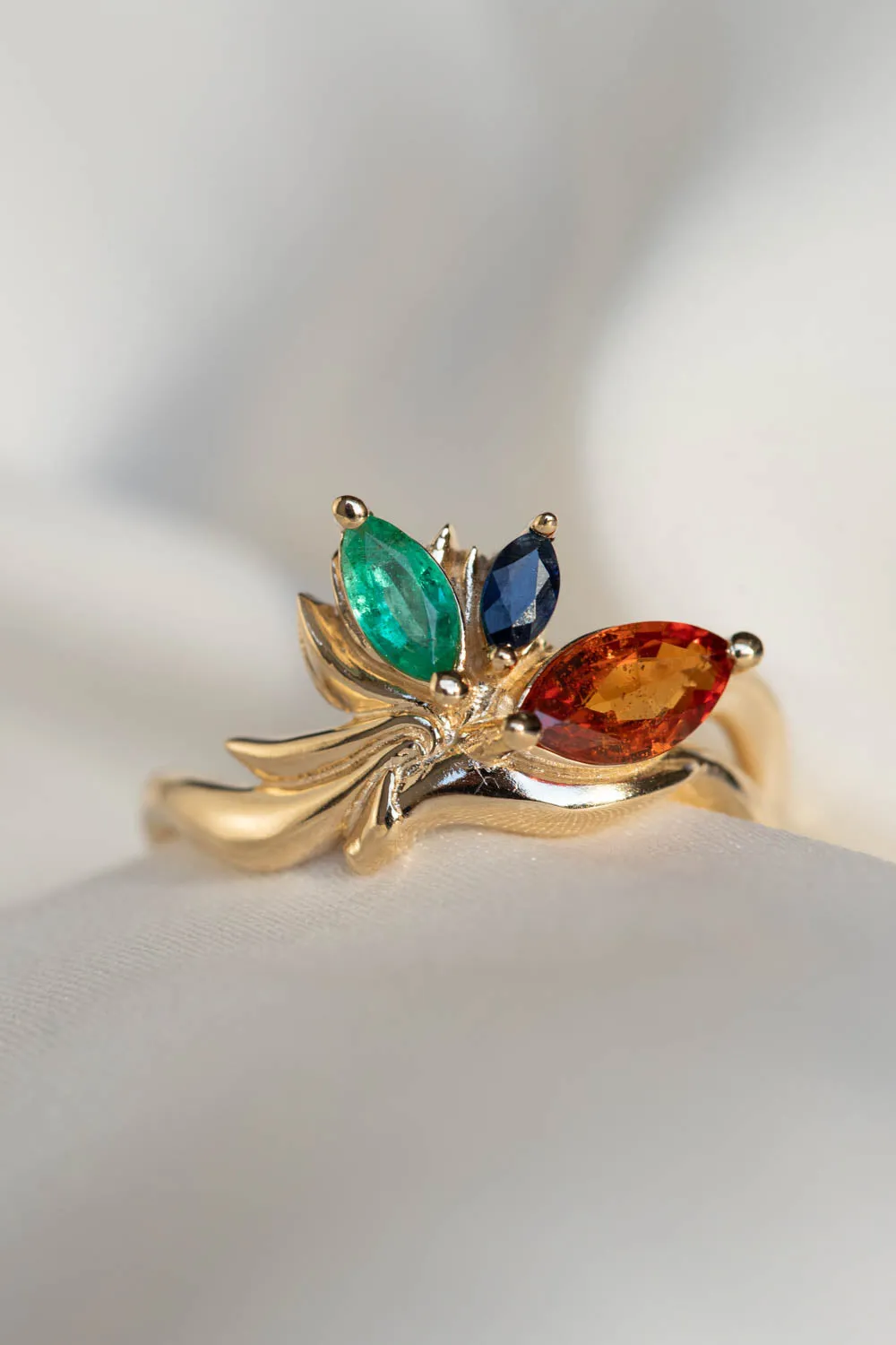 READY TO SHIP: Strelitzia ring in 14K yellow gold, natural emerald, natural orange and blue sapphires, RING SIZE - 7 US