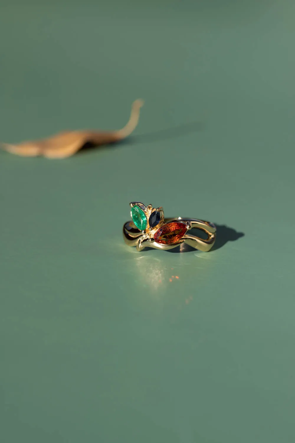 READY TO SHIP: Strelitzia ring in 14K yellow gold, natural emerald, natural orange and blue sapphires, RING SIZE - 7 US