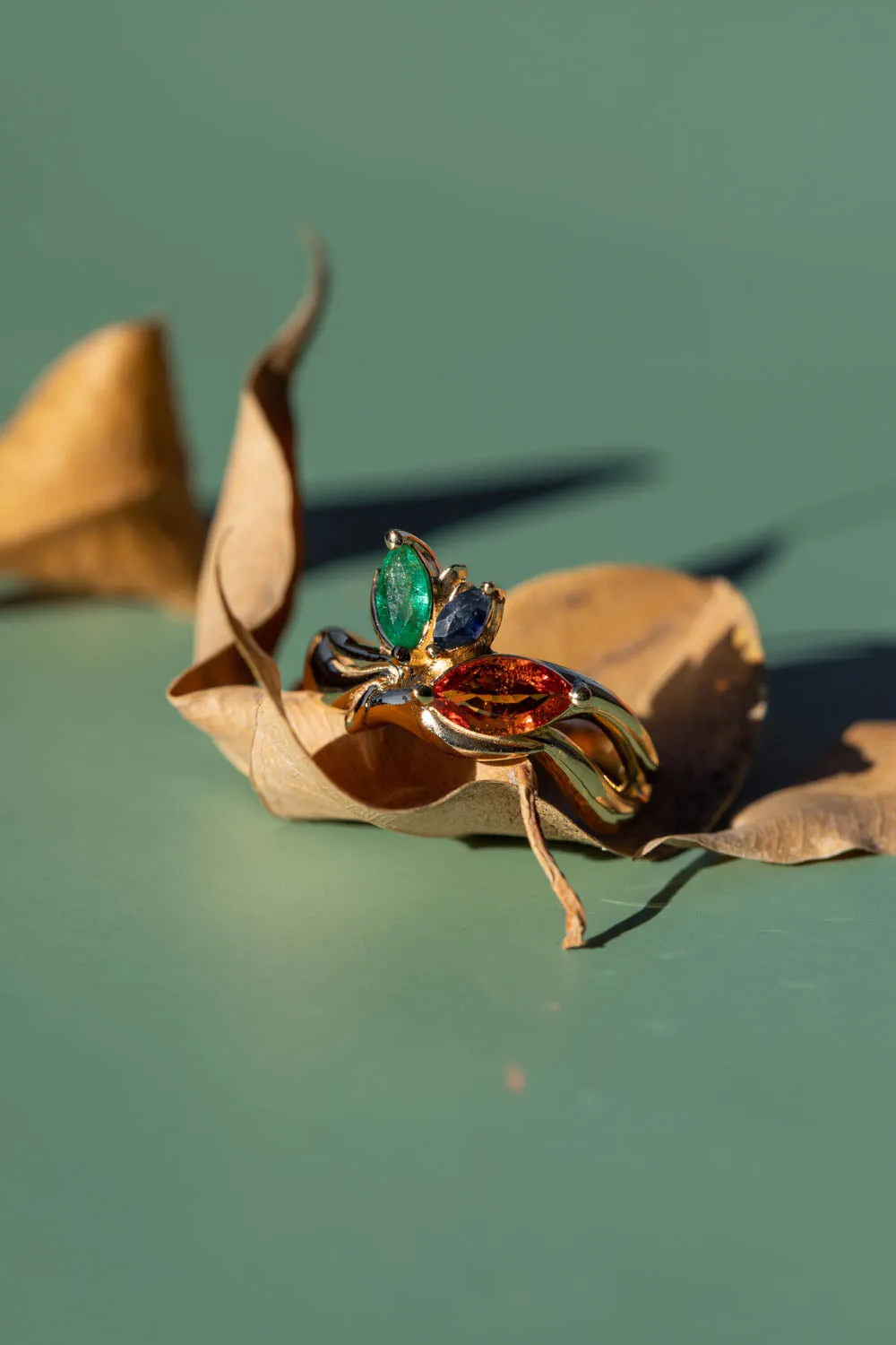 READY TO SHIP: Strelitzia ring in 14K yellow gold, natural emerald, natural orange and blue sapphires, RING SIZE - 7 US