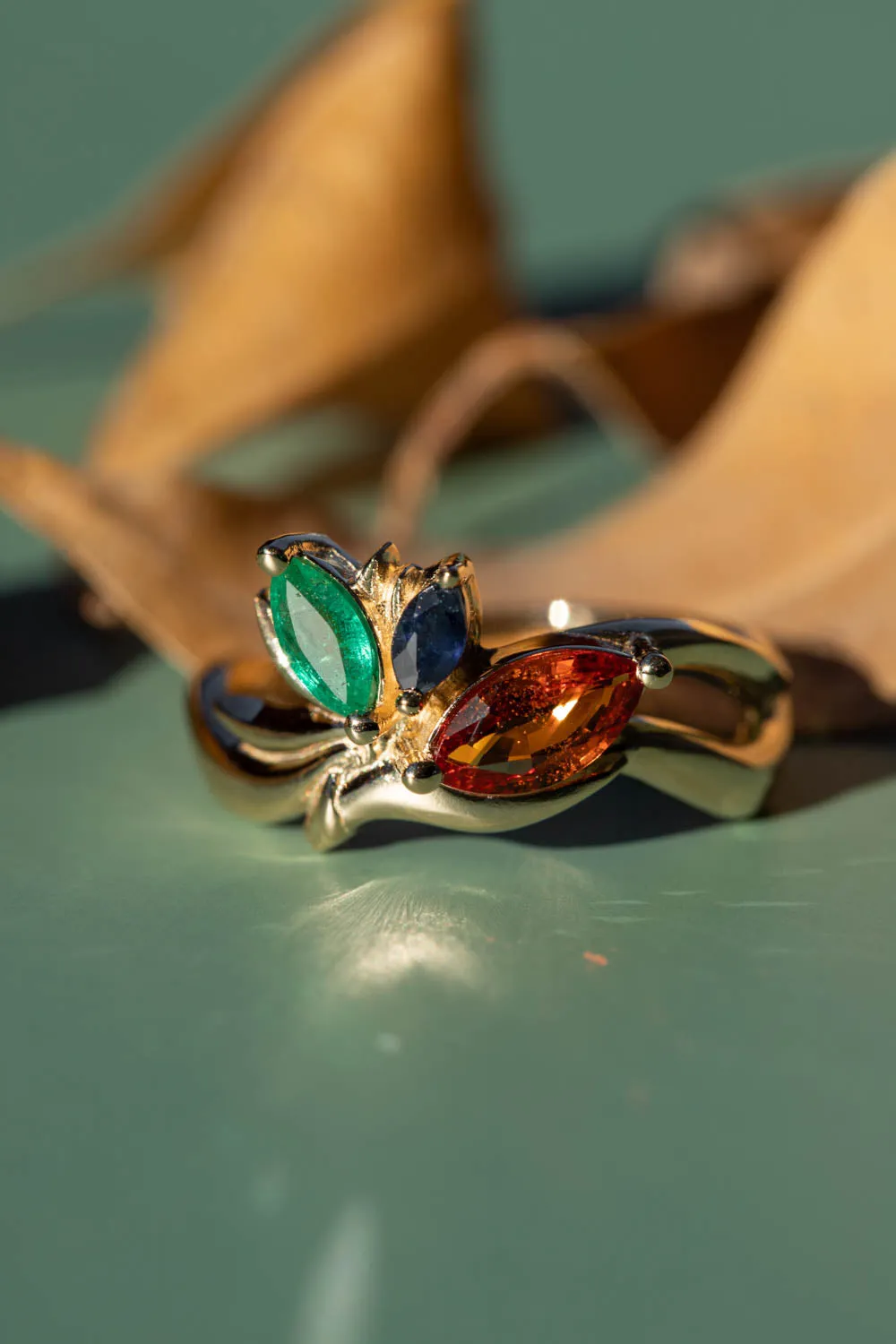 READY TO SHIP: Strelitzia ring in 14K yellow gold, natural emerald, natural orange and blue sapphires, RING SIZE - 7 US