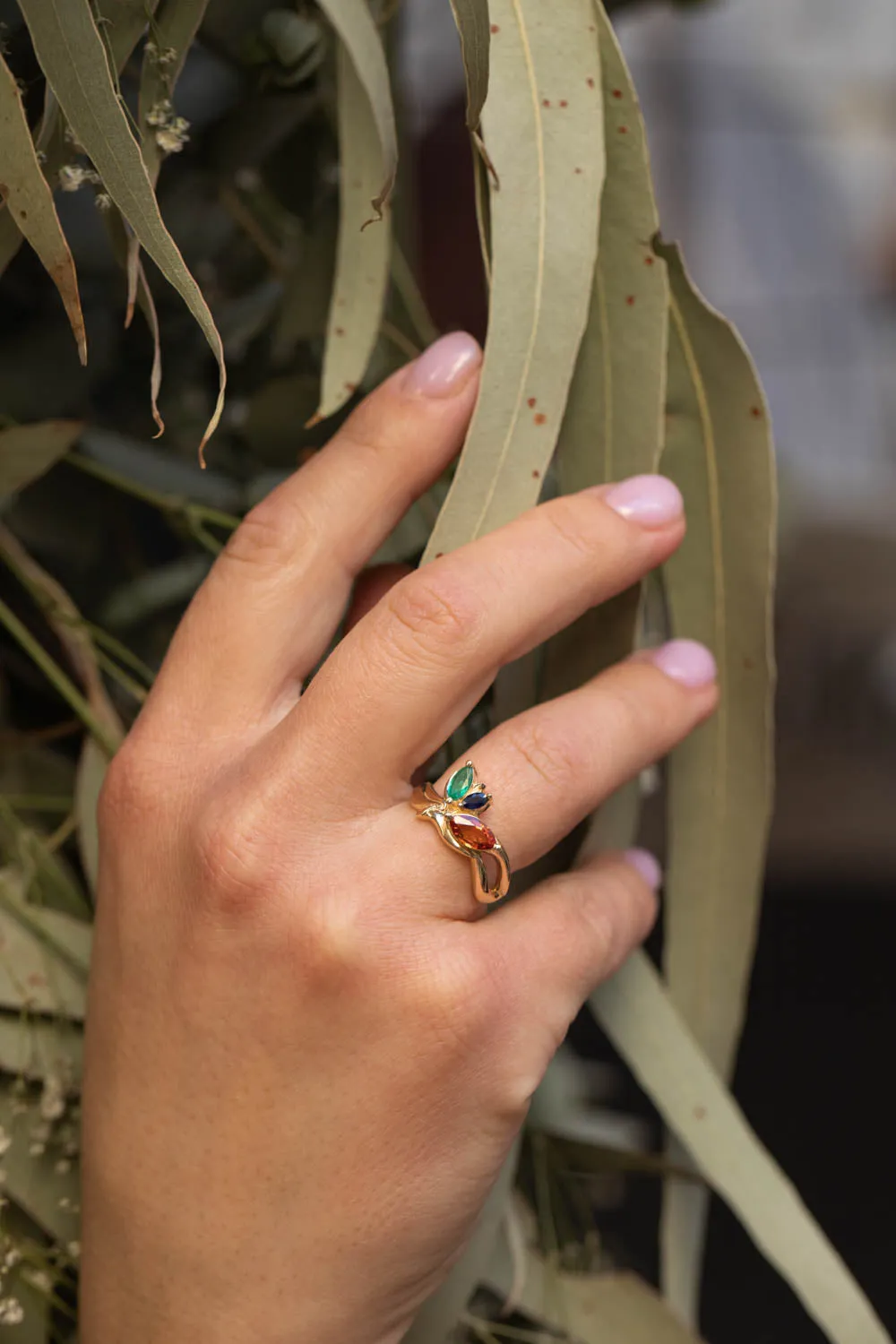 READY TO SHIP: Strelitzia ring in 14K yellow gold, natural emerald, natural orange and blue sapphires, RING SIZE - 7 US