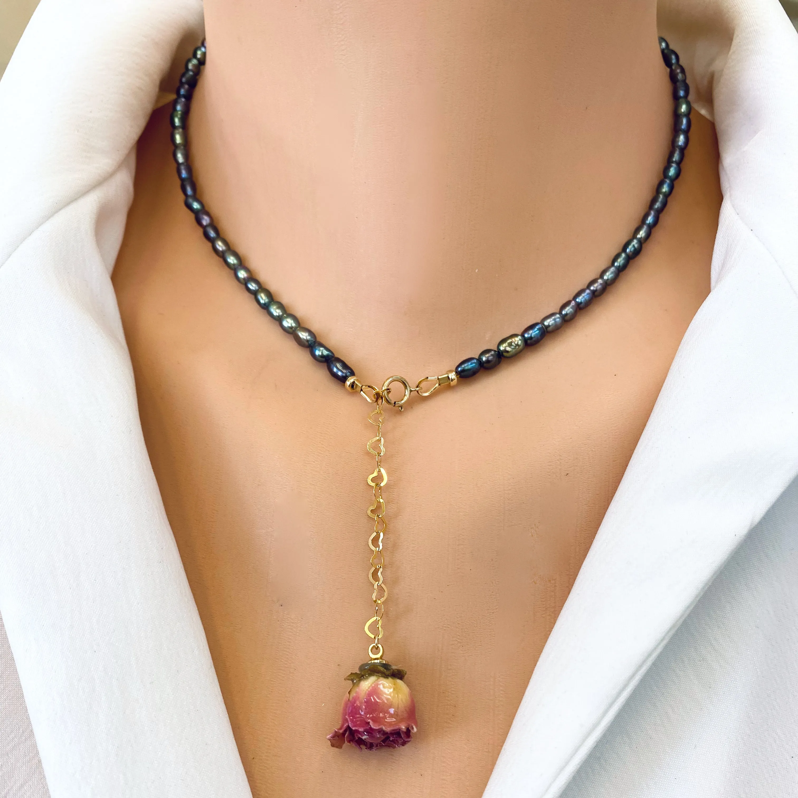 Real Pink Rose & Black Mini Rice Pearl Necklace Rosebud Pendant, Gold Filled, 15.5inch