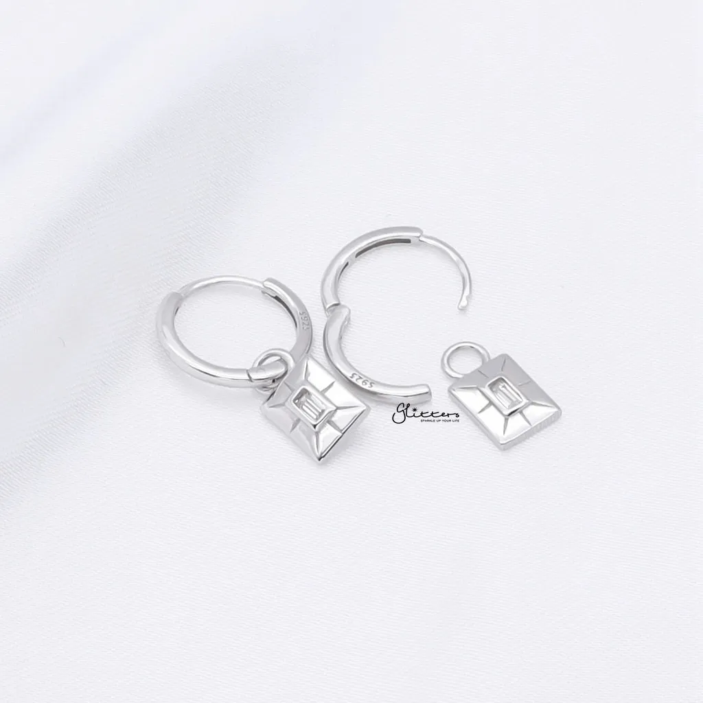 Rectangle Charm Huggie Hoop Earrings - Silver