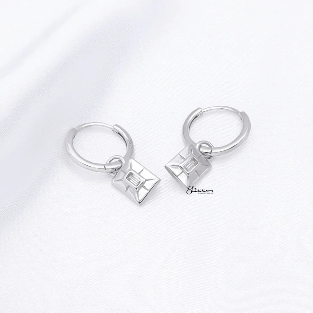 Rectangle Charm Huggie Hoop Earrings - Silver