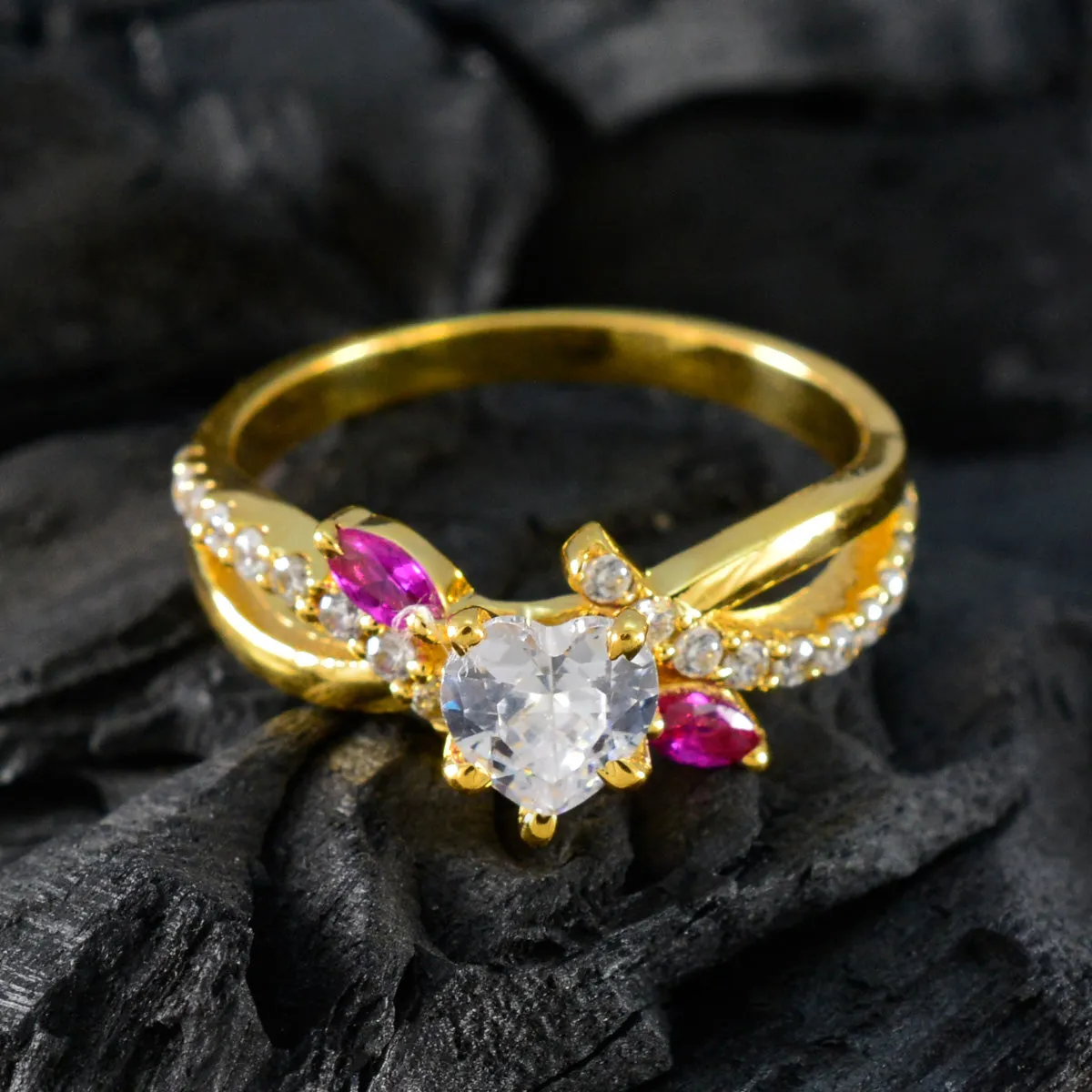 Riyo Antique Silver Ring With Yellow Gold Plating Ruby CZ Stone Heart Shape Birthday Ring