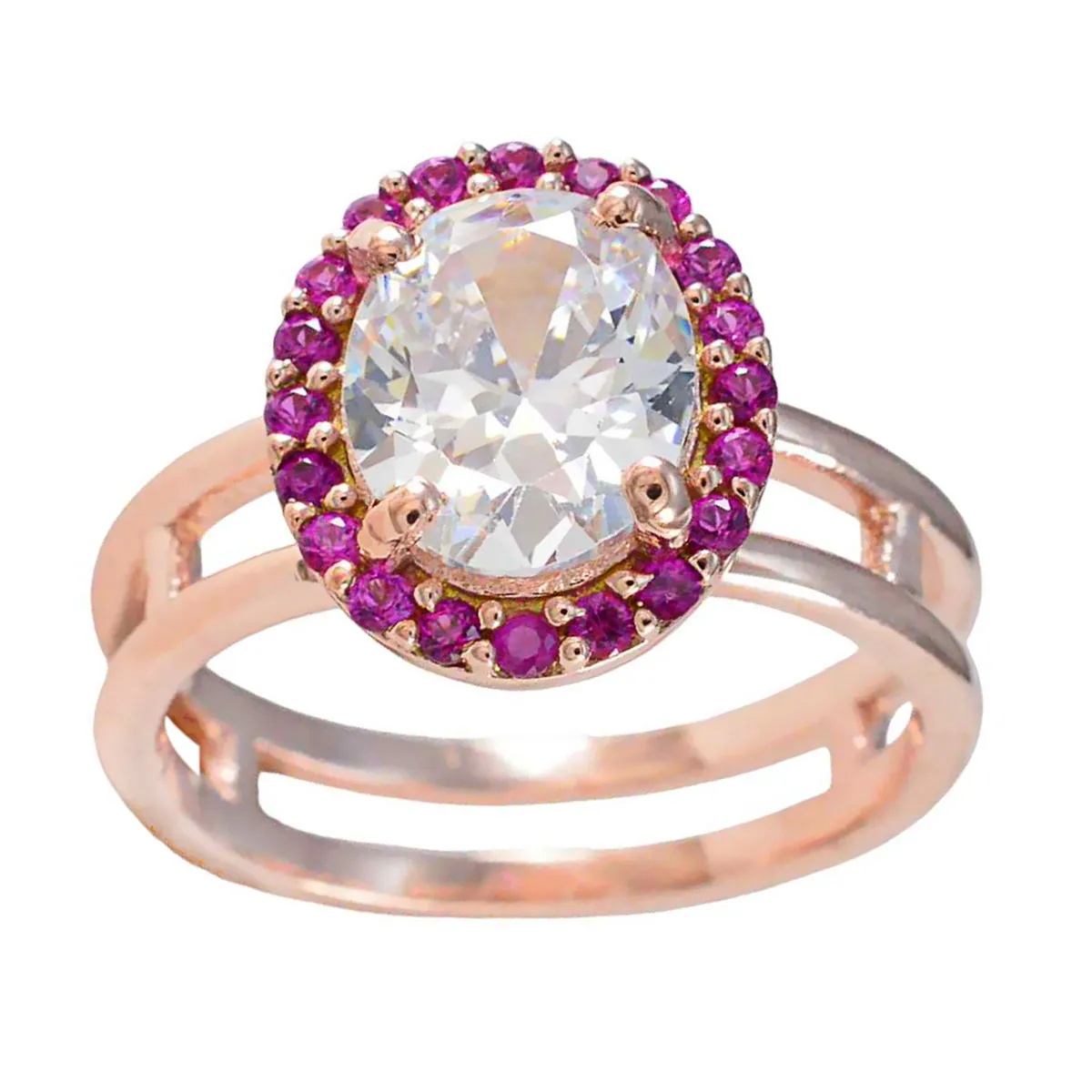 Riyo Designer Silver Ring With Rose Gold Plating Ruby CZ Stone Oval Shape Prong Setting Custom Jewelry Mothers Day Ring