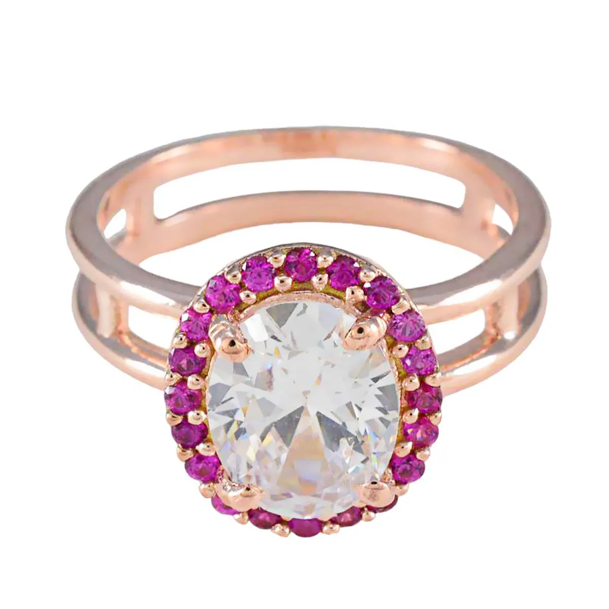 Riyo Designer Silver Ring With Rose Gold Plating Ruby CZ Stone Oval Shape Prong Setting Custom Jewelry Mothers Day Ring