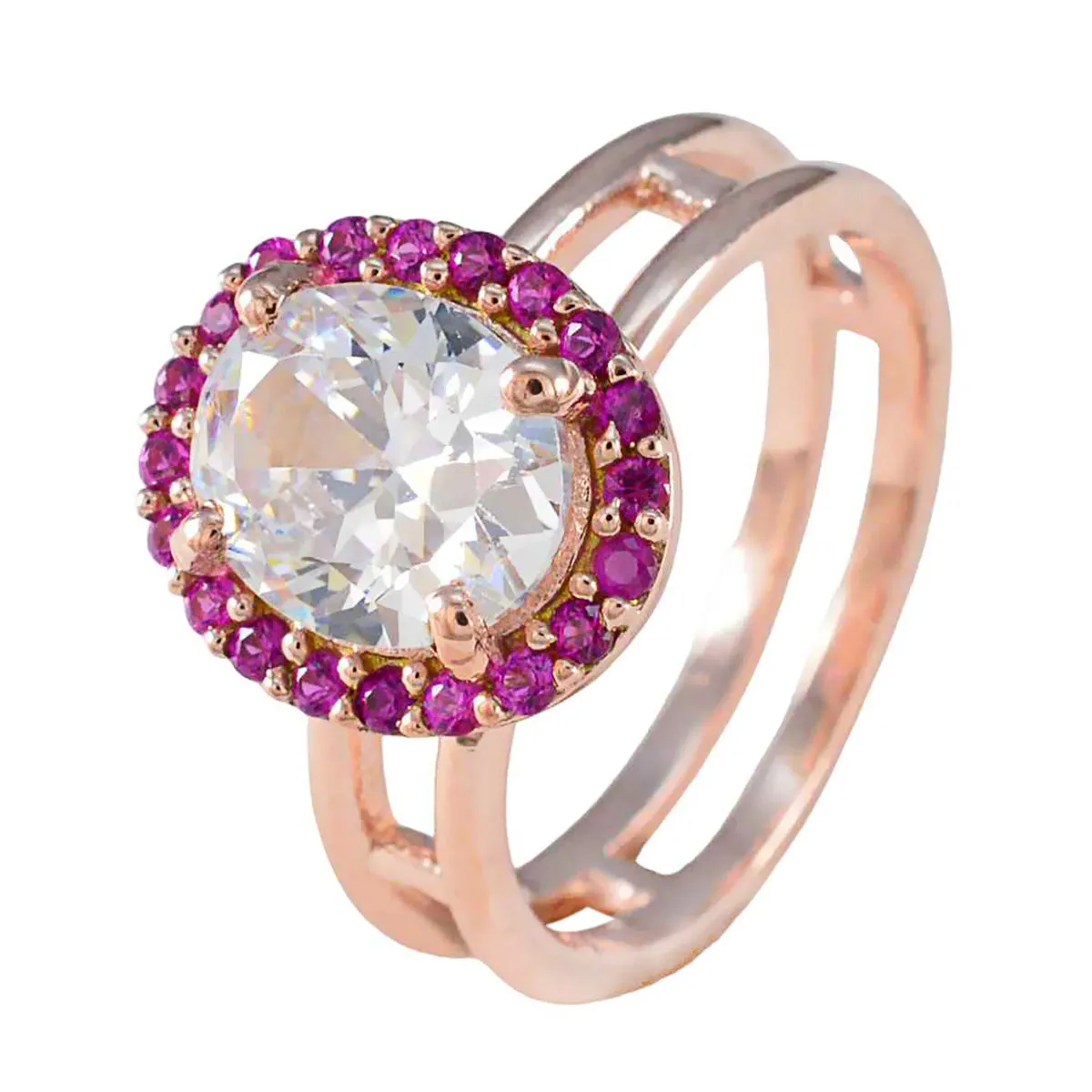 Riyo Designer Silver Ring With Rose Gold Plating Ruby CZ Stone Oval Shape Prong Setting Custom Jewelry Mothers Day Ring