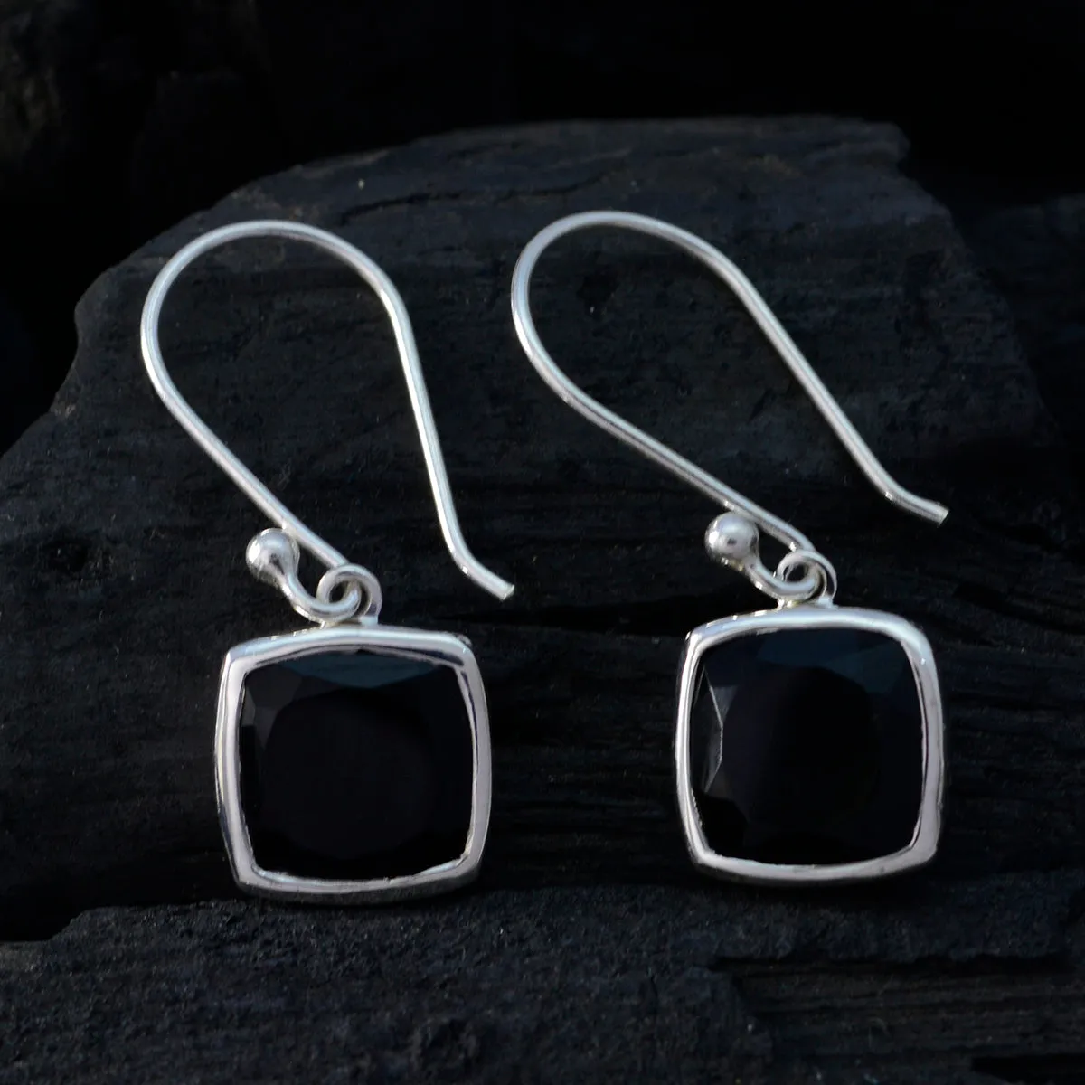 Riyo Genuine Gems Octogon Faceted Black Onyx Silver Earrings gift for christmas