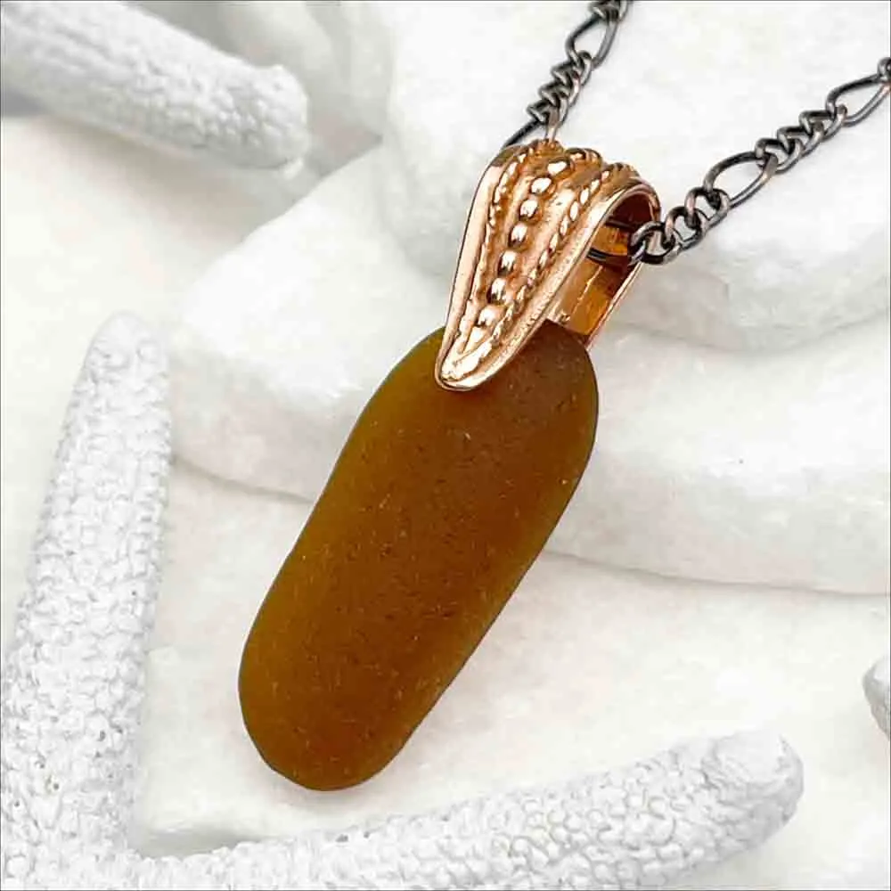 Rootbeer Bottle-Bottom Sea Glass Pendant with Copper Bail | #5119