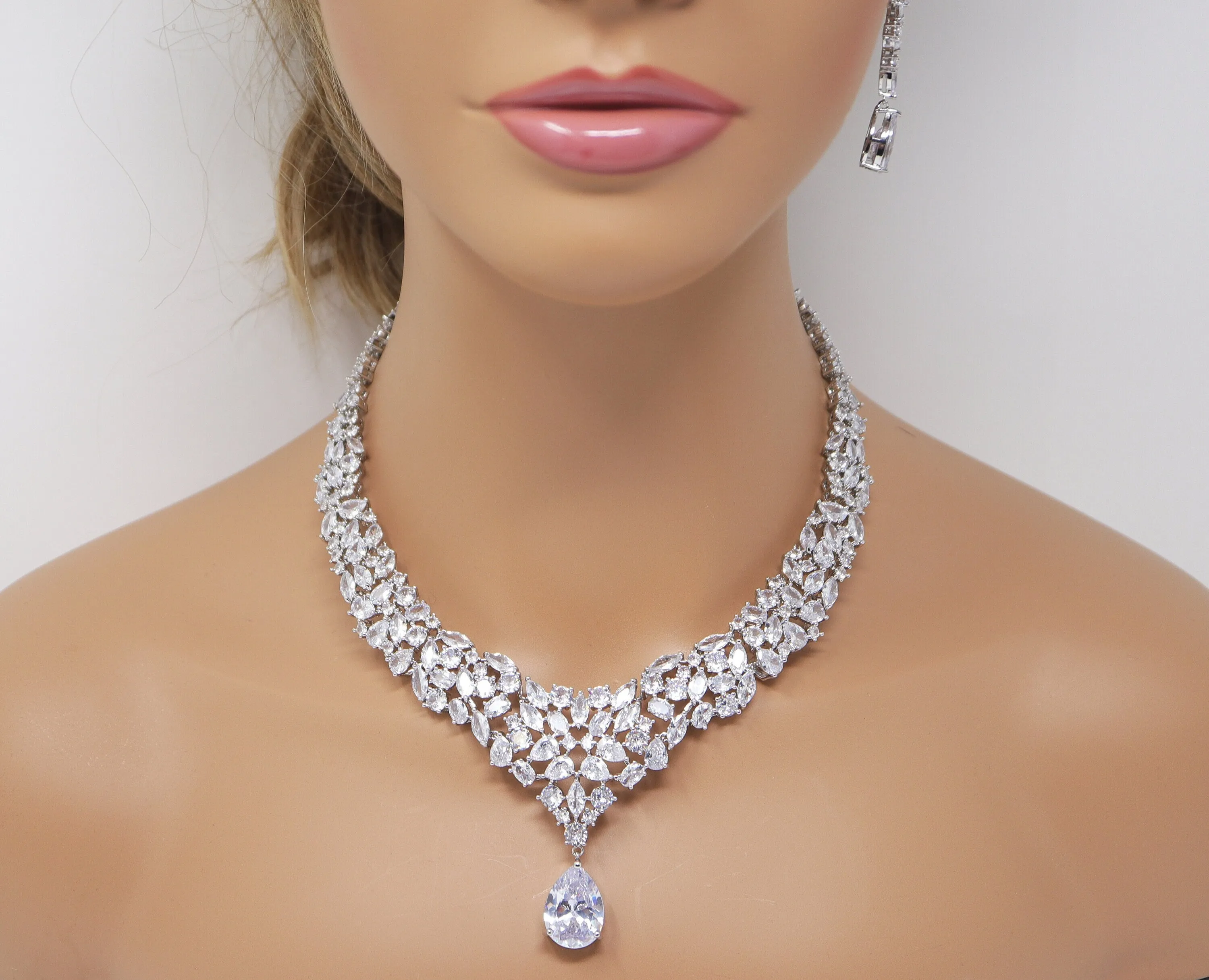 Royal CZ Bridal Necklace and Earrings Set , Bridal Jewelry Set, Bridal Earrings And Necklace, Statement Earrings Cz, Necklace Set