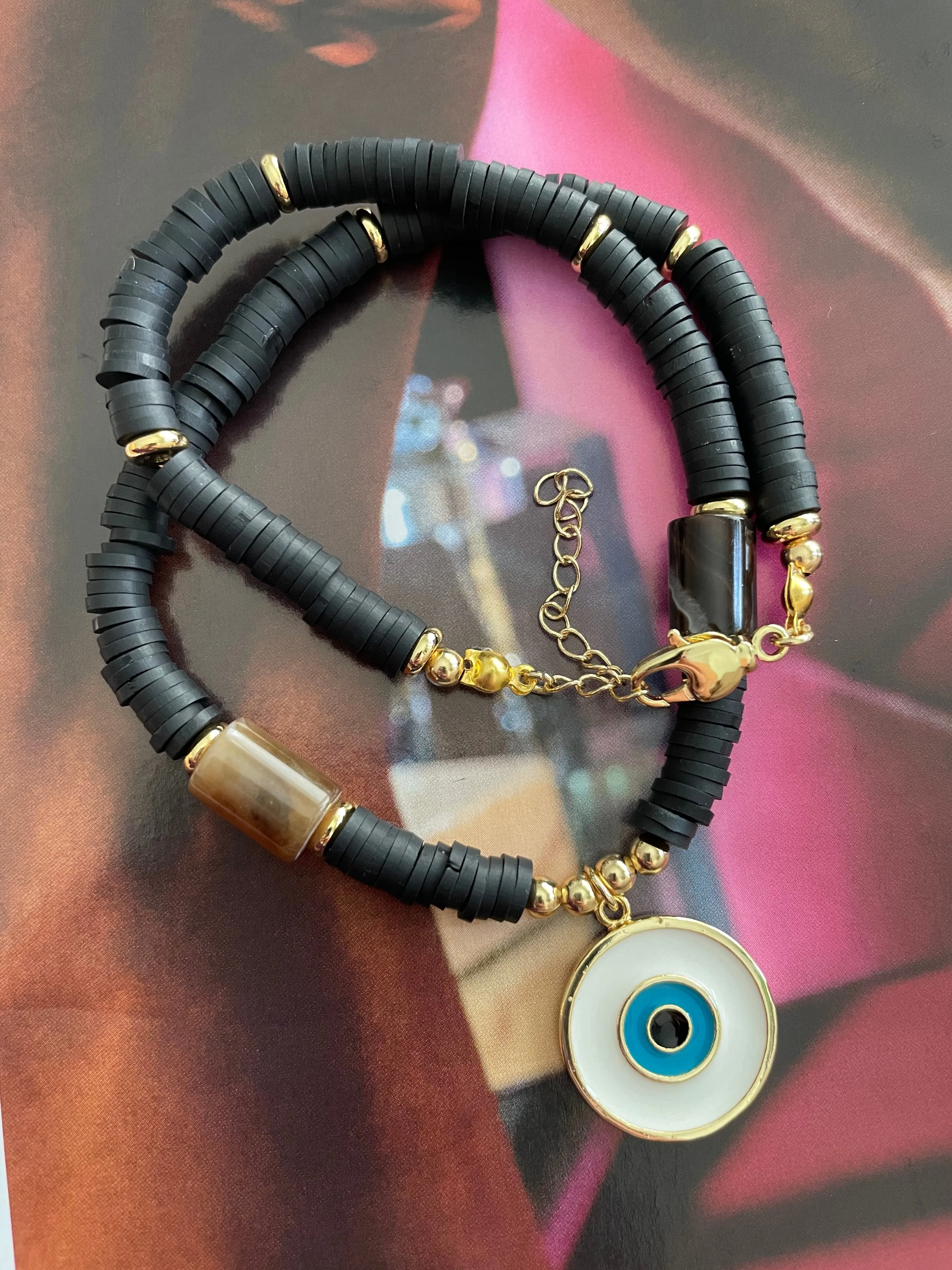 Rubber and stones with evil eye choker