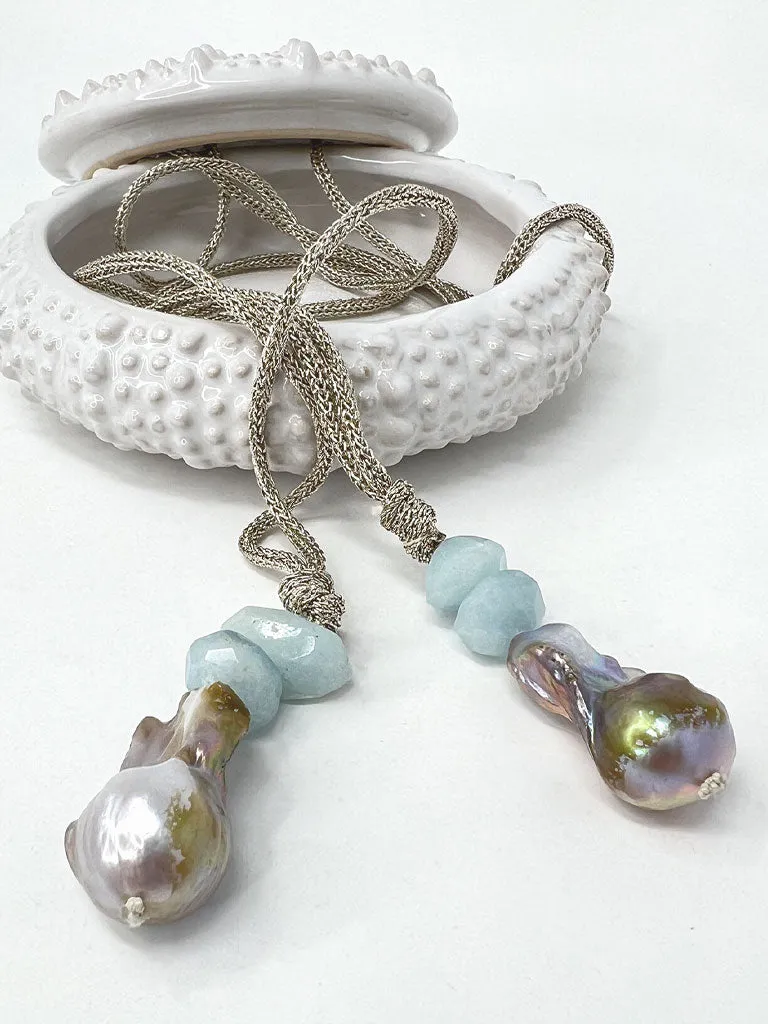 Seabreeze Long Lariat, Baroque Pearl   Chalcedony