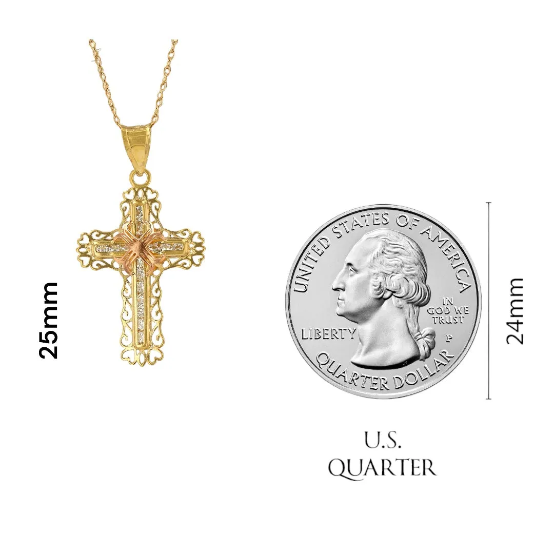 Set yellow gold 14k Singapore chain two tones Filigrana cross pendant -62837