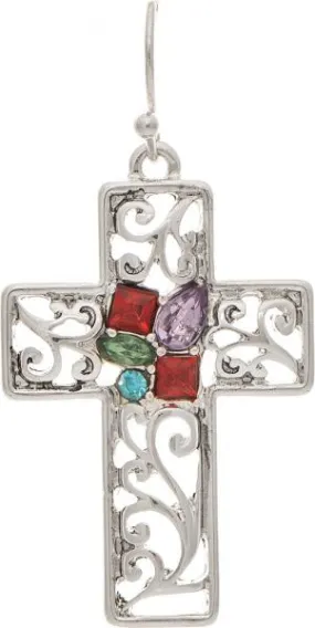 Silver Multicolor Sparkle Swirl Cross Earrings