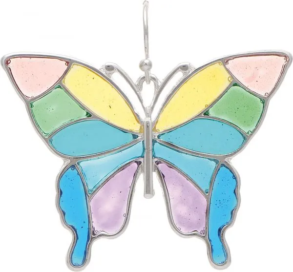 Silver Multicolor Stained Glass Butterfly Earrings