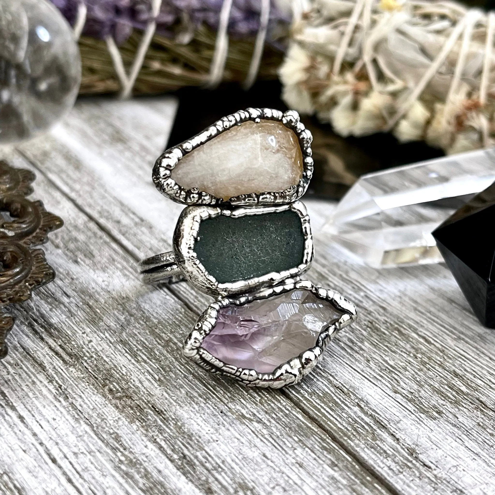 Size 10 Three Stone Ring- Citrine Amethyst Sea Glass Crystal Ring Fine Silver / Foxlark Collection - One of a Kind