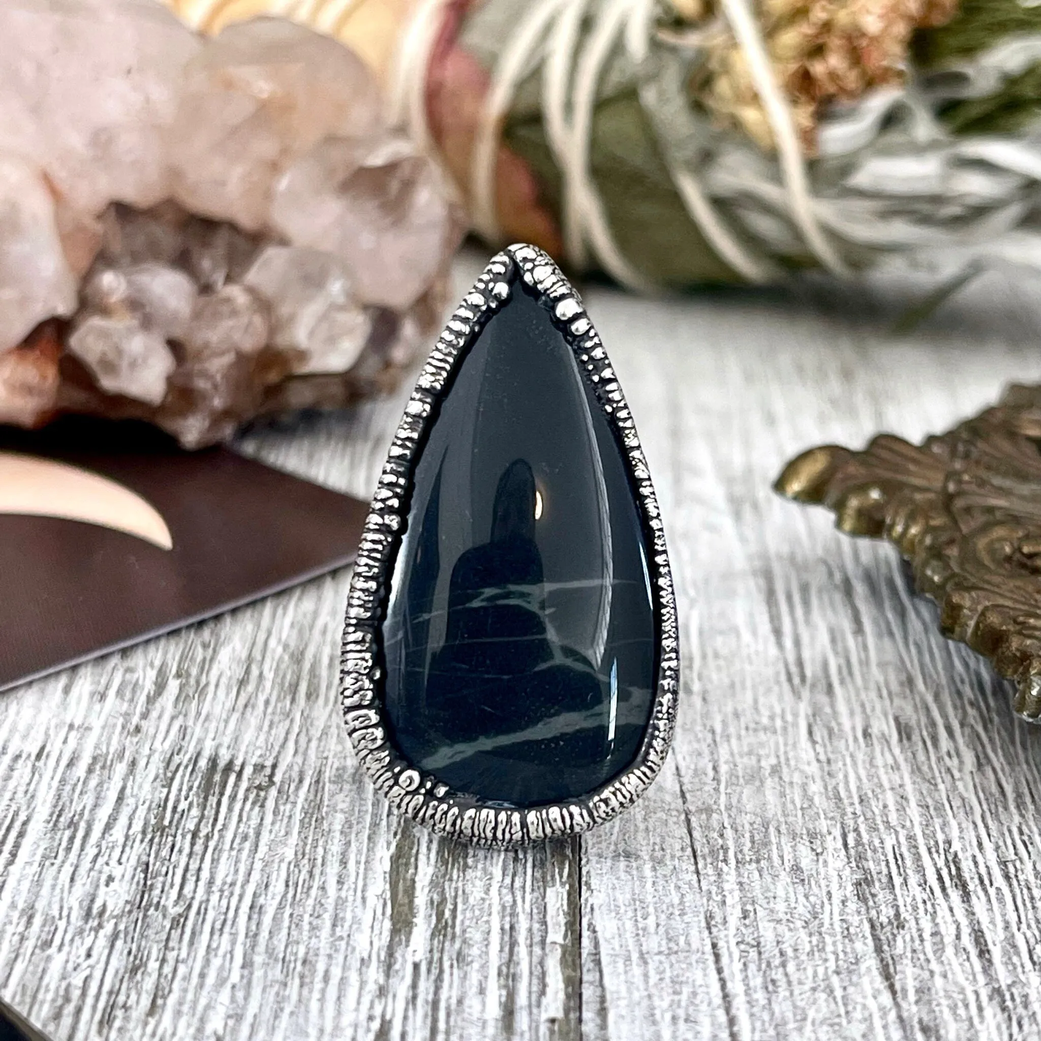 Size 5 Natural Spider Web Obsidian Statement Ring in Fine Silver - Black Stone Jewelry / Foxlark Collection - One of a Kind