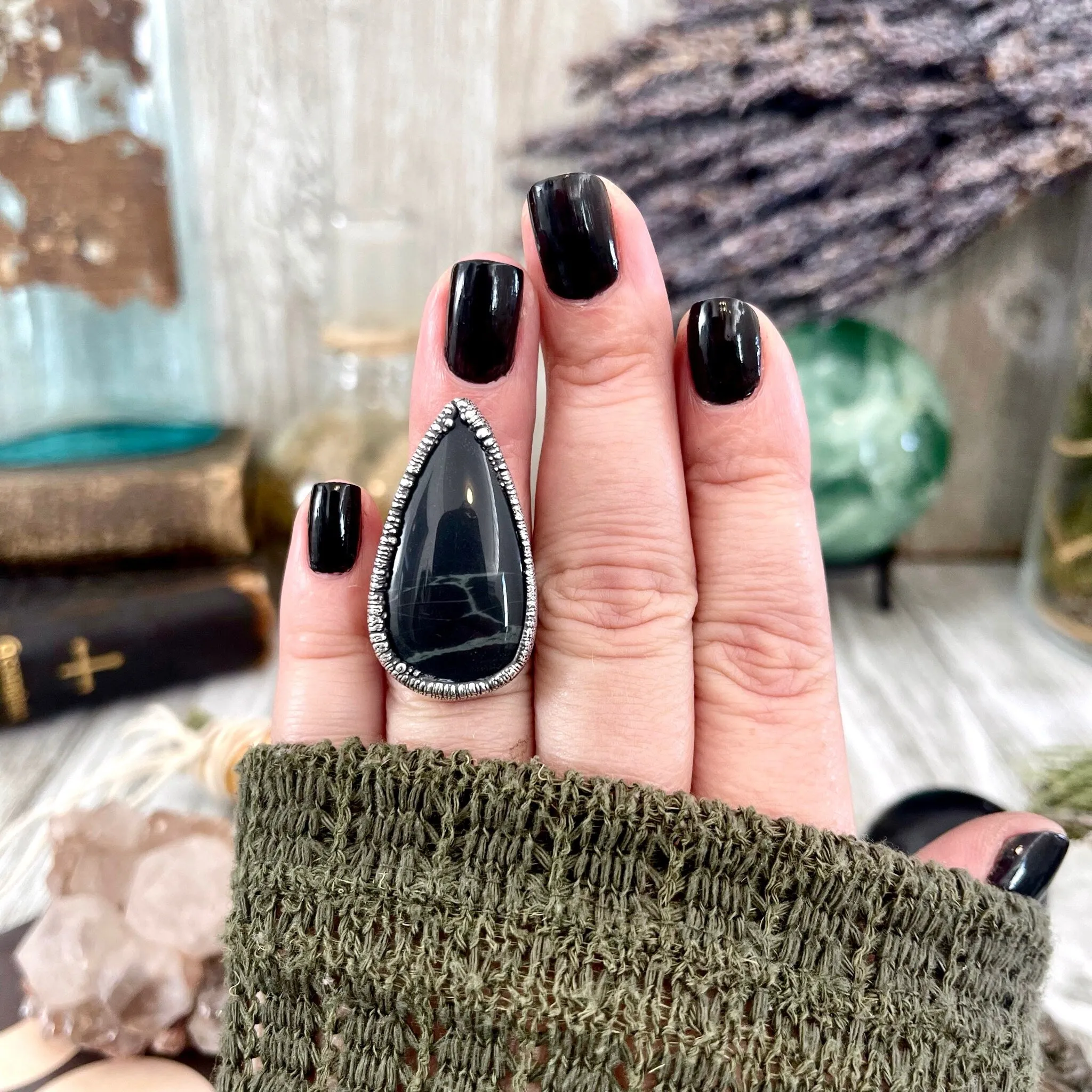 Size 5 Natural Spider Web Obsidian Statement Ring in Fine Silver - Black Stone Jewelry / Foxlark Collection - One of a Kind