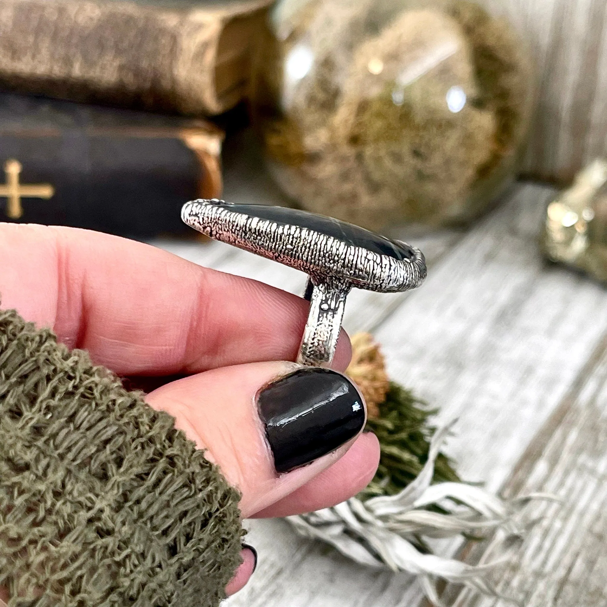 Size 5 Natural Spider Web Obsidian Statement Ring in Fine Silver - Black Stone Jewelry / Foxlark Collection - One of a Kind