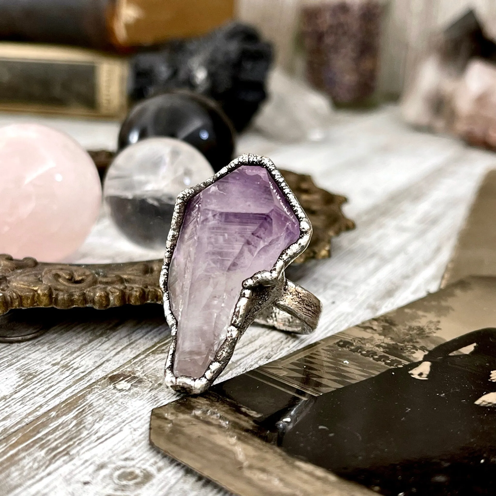 Size 6 Big Raw Amethyst Purple Crystal Ring in Fine Silver / Foxlark Collection - One of a Kind