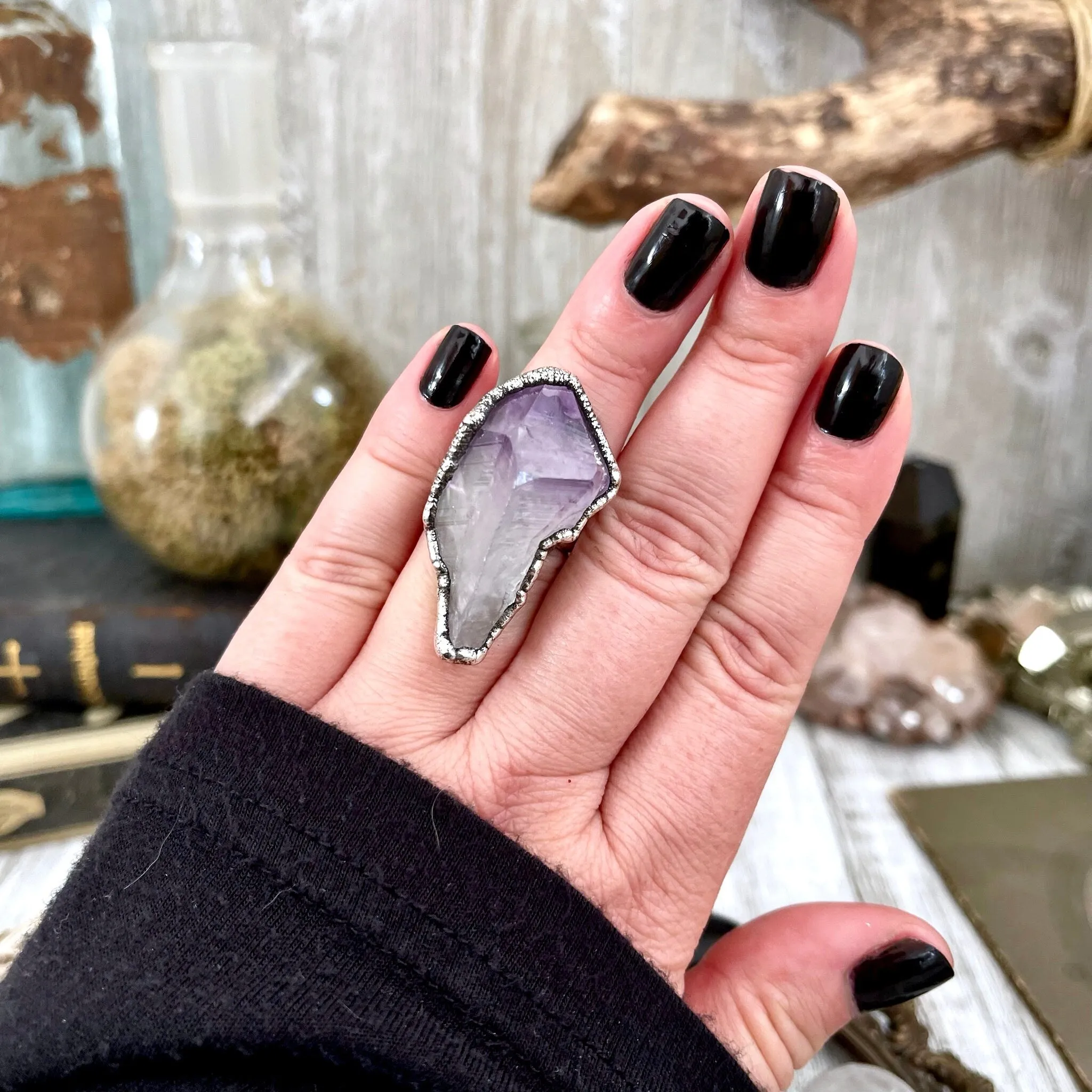 Size 6 Big Raw Amethyst Purple Crystal Ring in Fine Silver / Foxlark Collection - One of a Kind