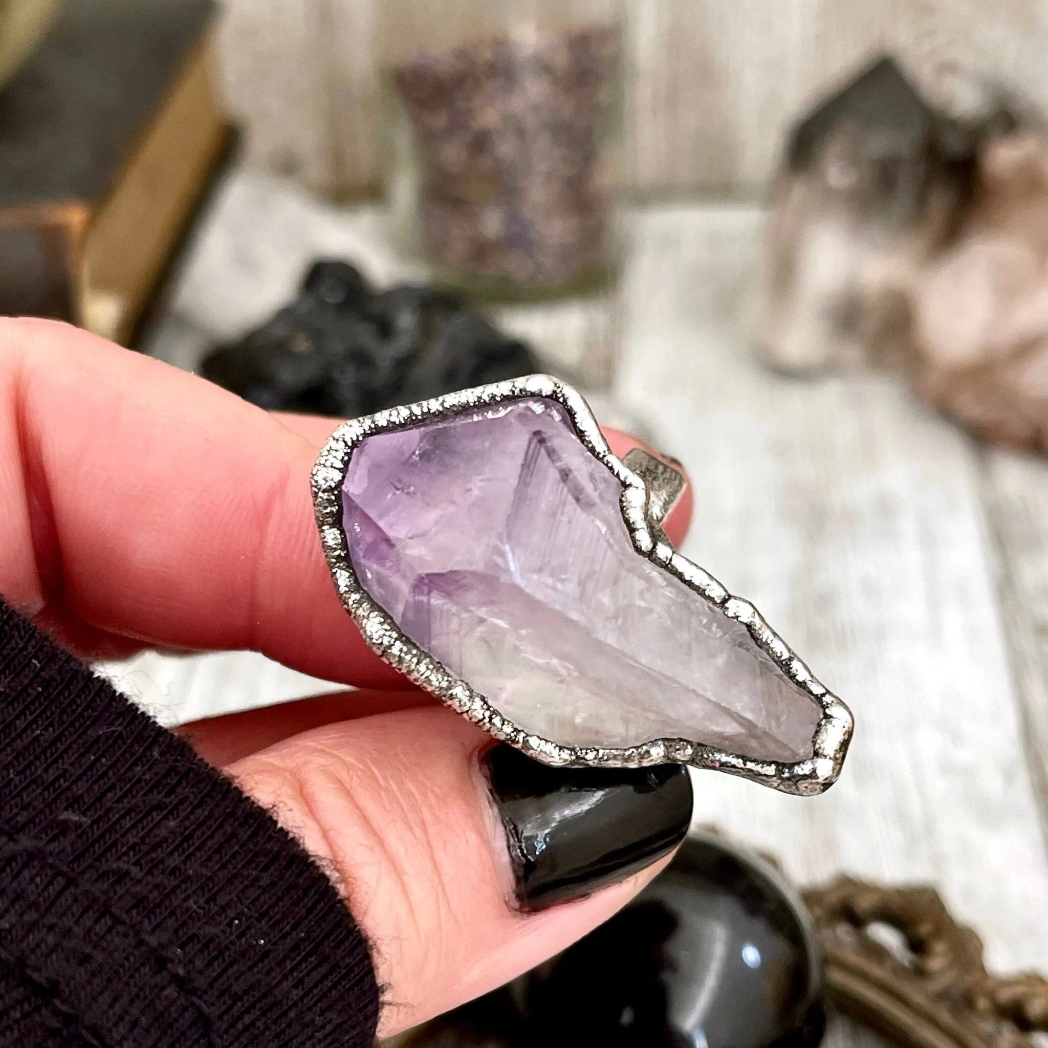 Size 6 Big Raw Amethyst Purple Crystal Ring in Fine Silver / Foxlark Collection - One of a Kind