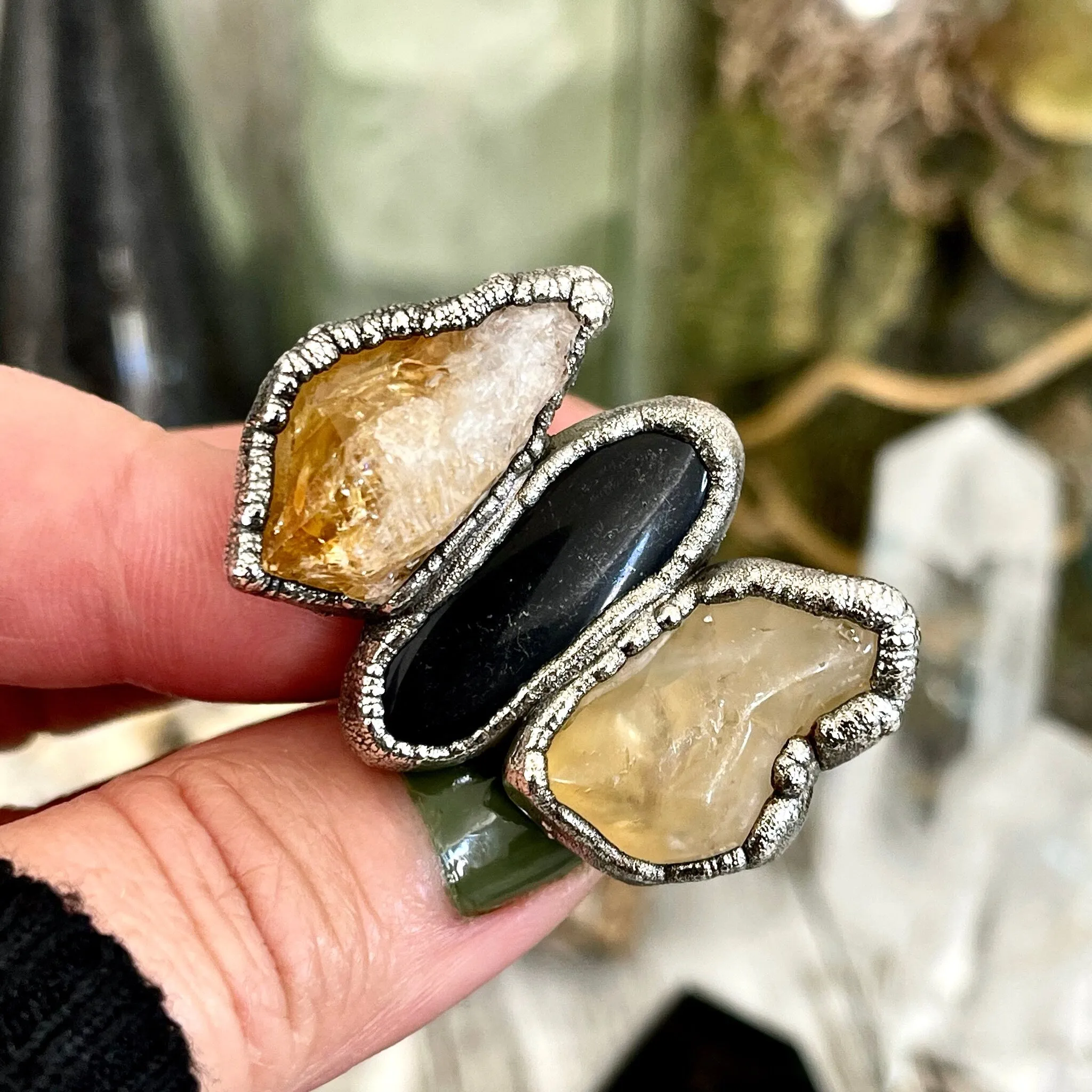 Size 6 Crystal Ring - Three Stone Black Onyx Yellow Citrine Silver Ring / Foxlark Collection - One of a Kind