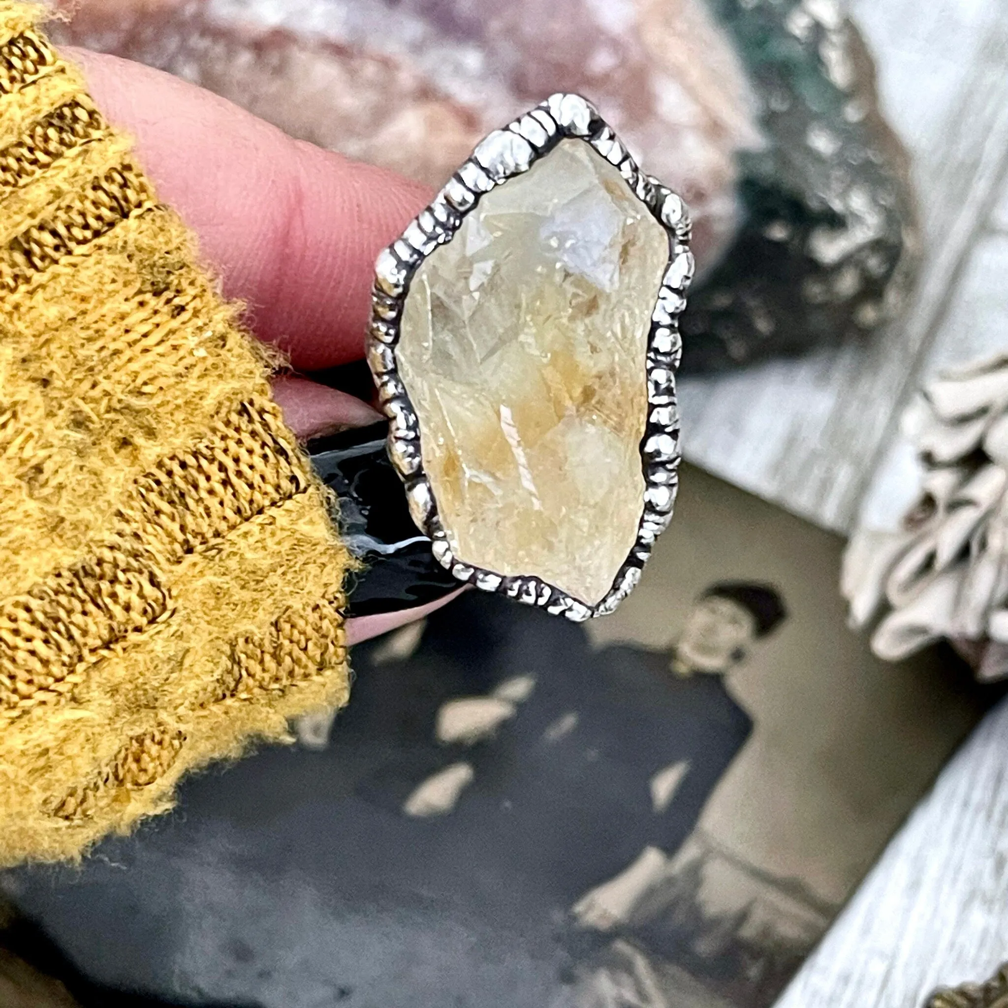 Size 6 Raw Citrine Crystal Point Ring Set in Fine Silver  / Foxlark Collection - One of a Kind