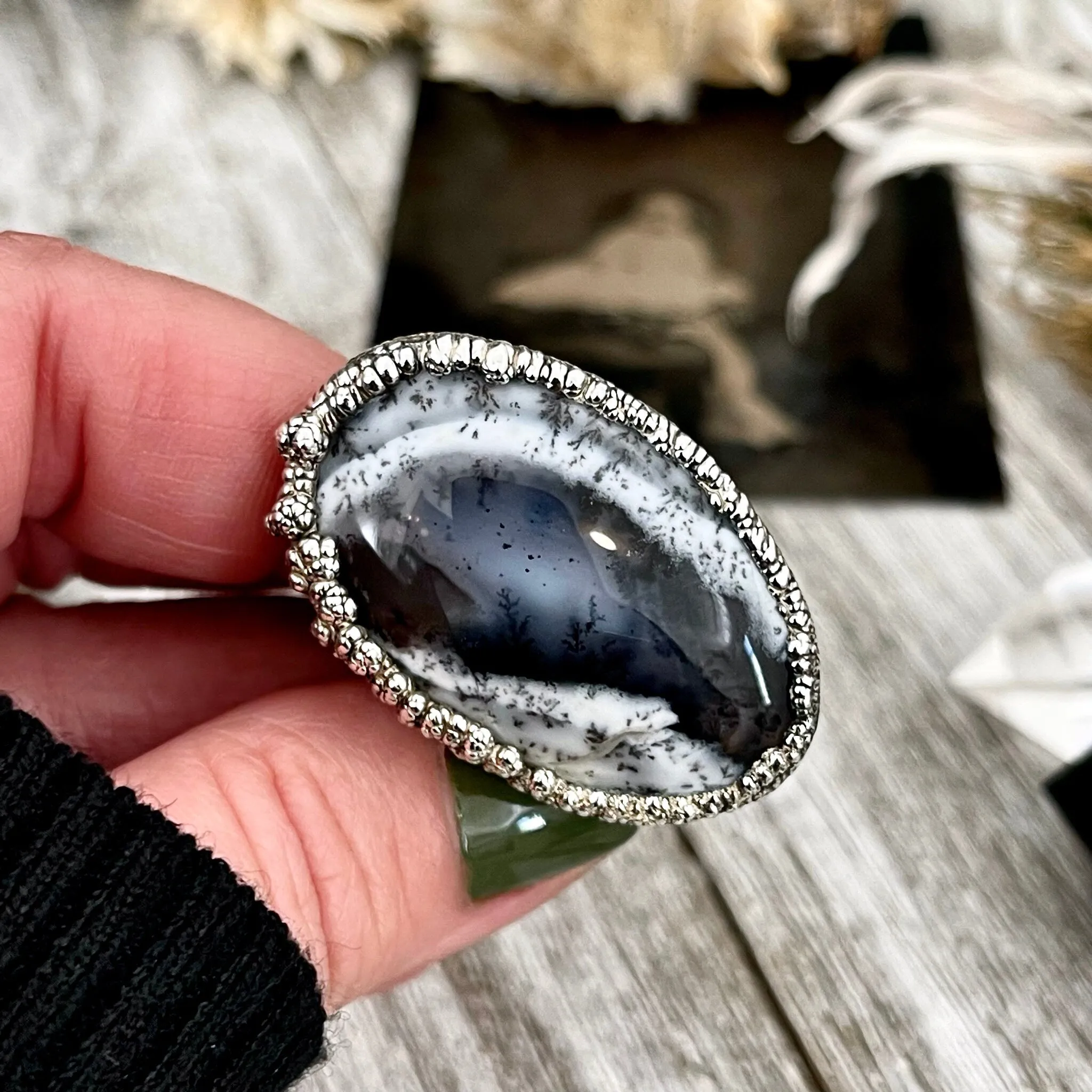 Size 7 Dendritic Agate Large Crystal Ring in Fine Silver for Woman /  Foxlark Collection - One of a Kind