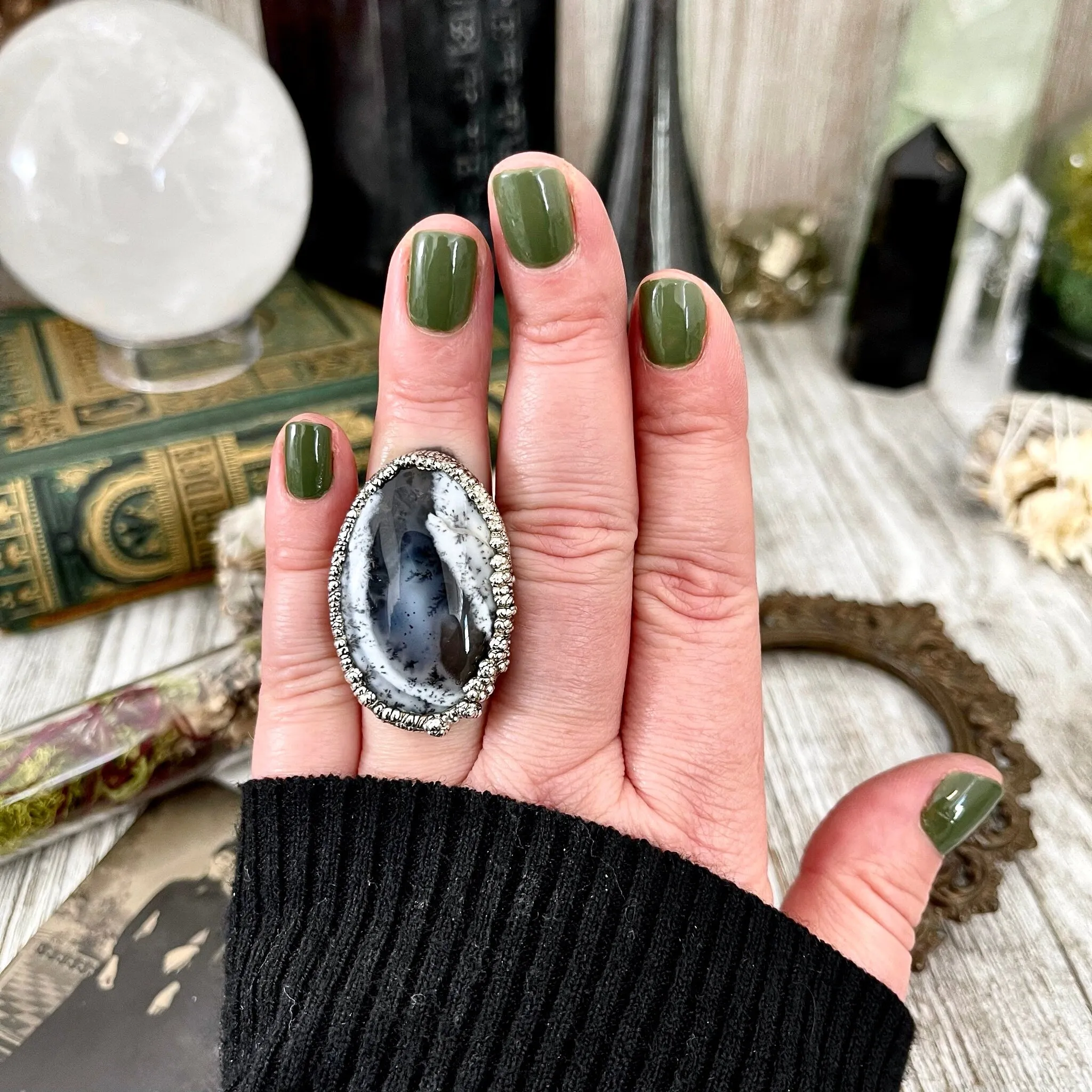 Size 7 Dendritic Agate Large Crystal Ring in Fine Silver for Woman /  Foxlark Collection - One of a Kind