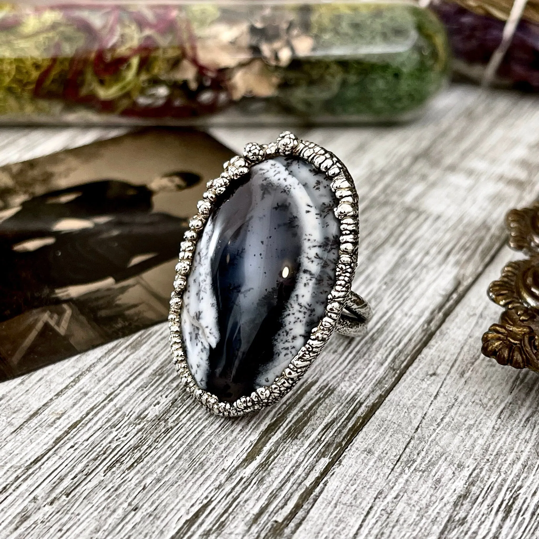 Size 7 Dendritic Agate Large Crystal Ring in Fine Silver for Woman /  Foxlark Collection - One of a Kind