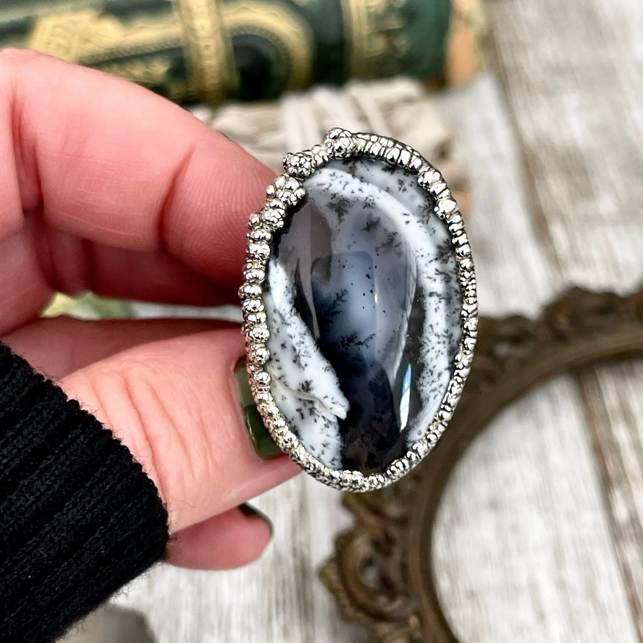 Size 7 Dendritic Agate Large Crystal Ring in Fine Silver for Woman /  Foxlark Collection - One of a Kind