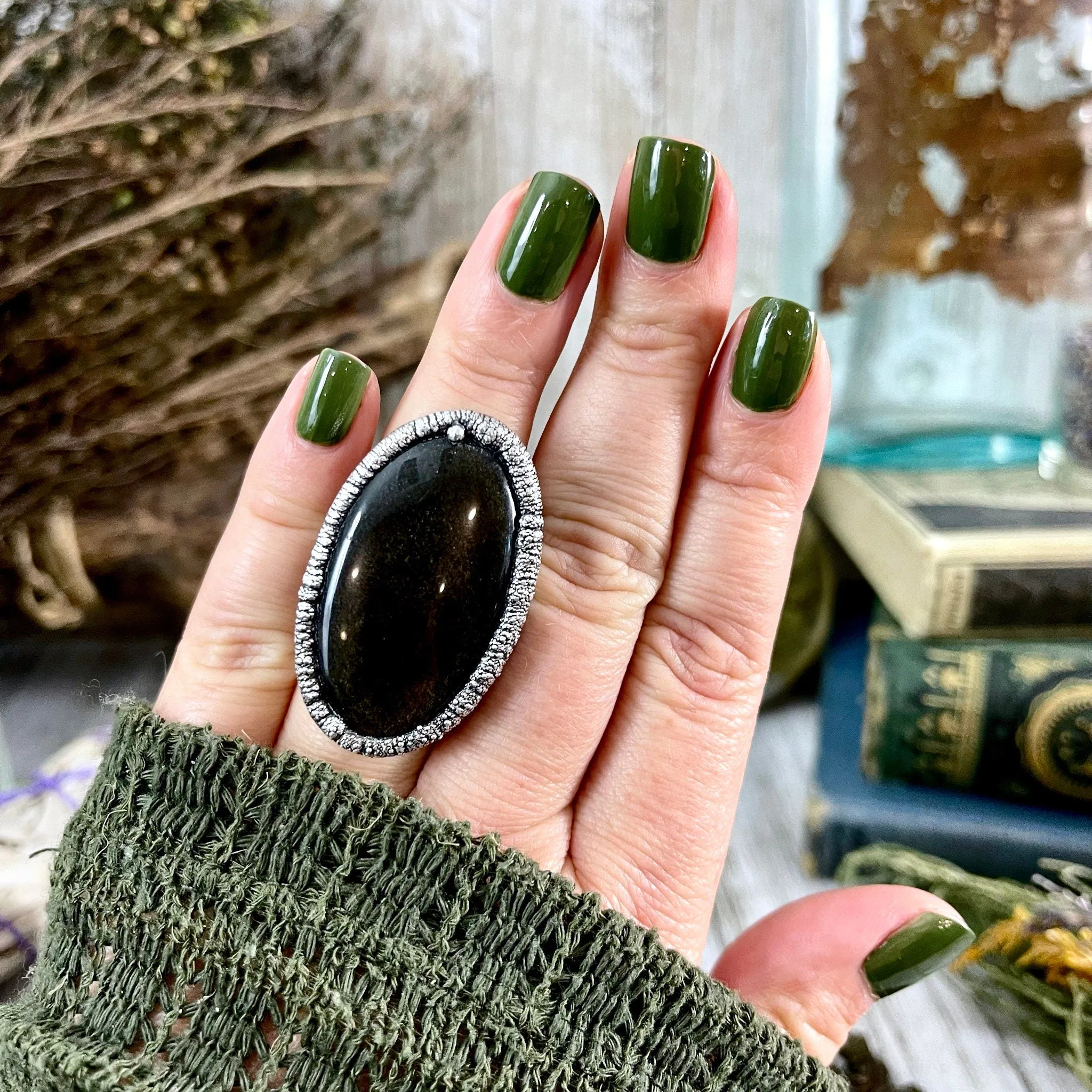 Size 7 Silver Sheen Obsidian Statement Ring in fine Silver / Foxlark Collection - One of a Kind