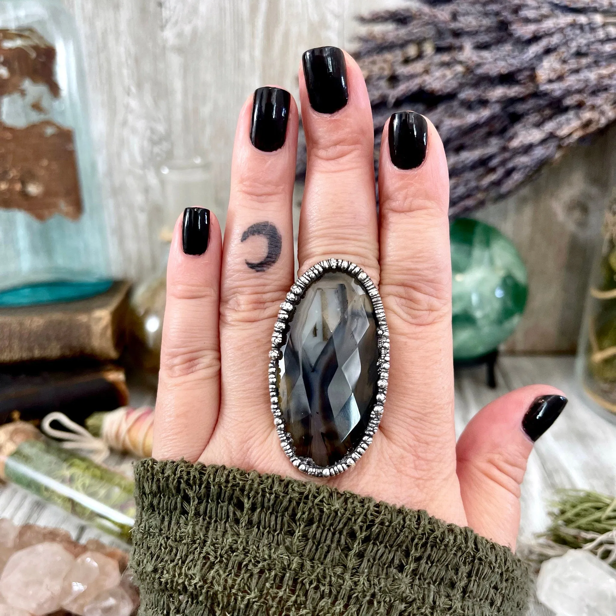 Size 8 Silver Montana Moss Agate Statement Ring /  Large Crystal Bohemian Dendritic Agate Ring